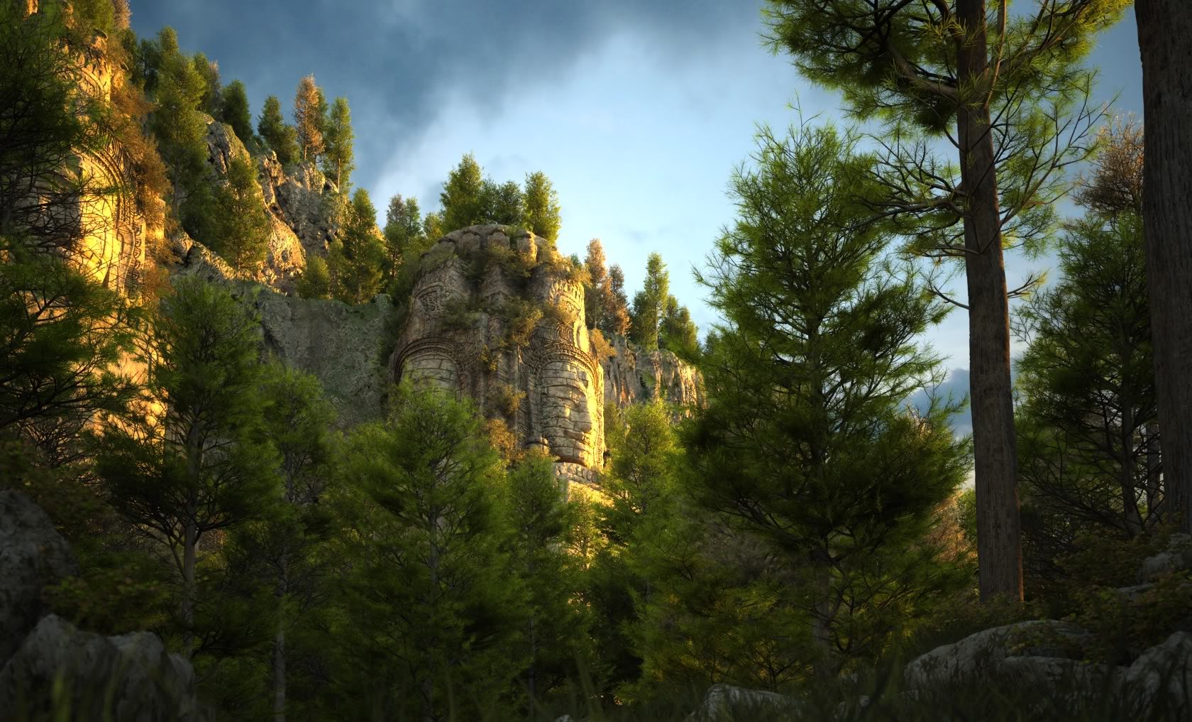 Скачать картинку Гора, Дерево, Зеленый, Фантазия, Художественные в телефон бесплатно.