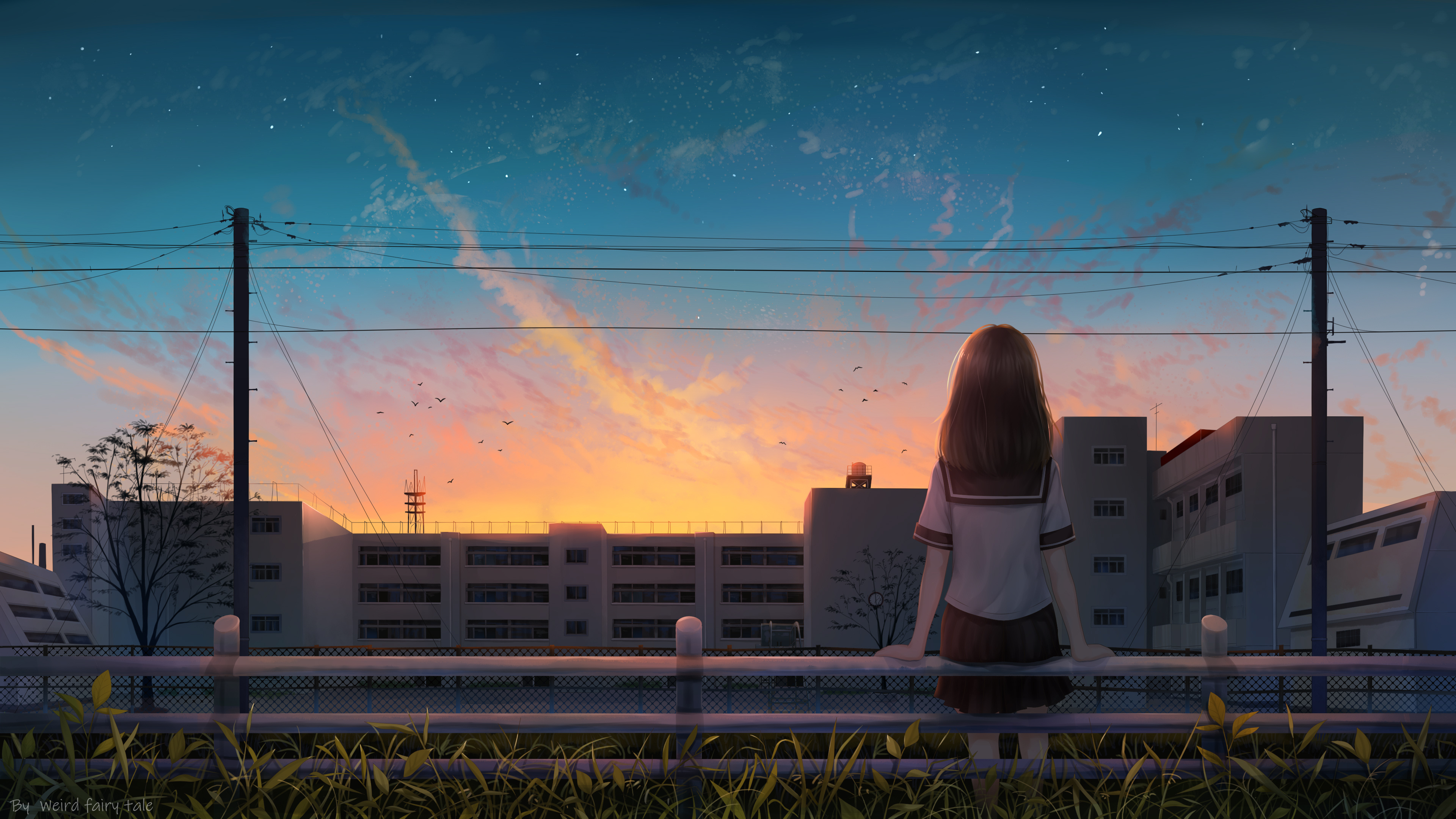 Free download wallpaper Anime, Sunset, Sky, Girl, School Uniform on your PC desktop