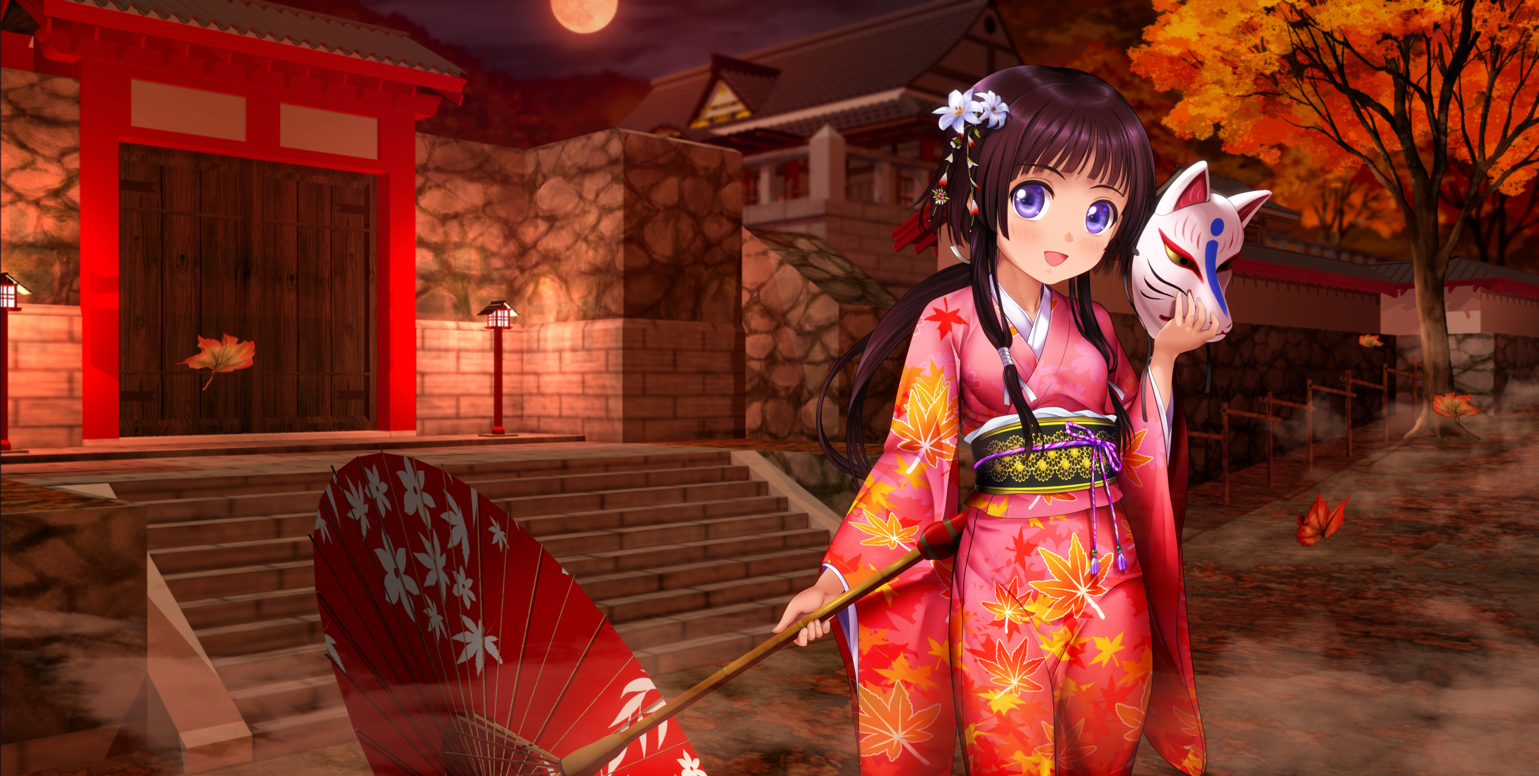 anime, girl, fall, festival, kimono, long hair, mask, umbrella