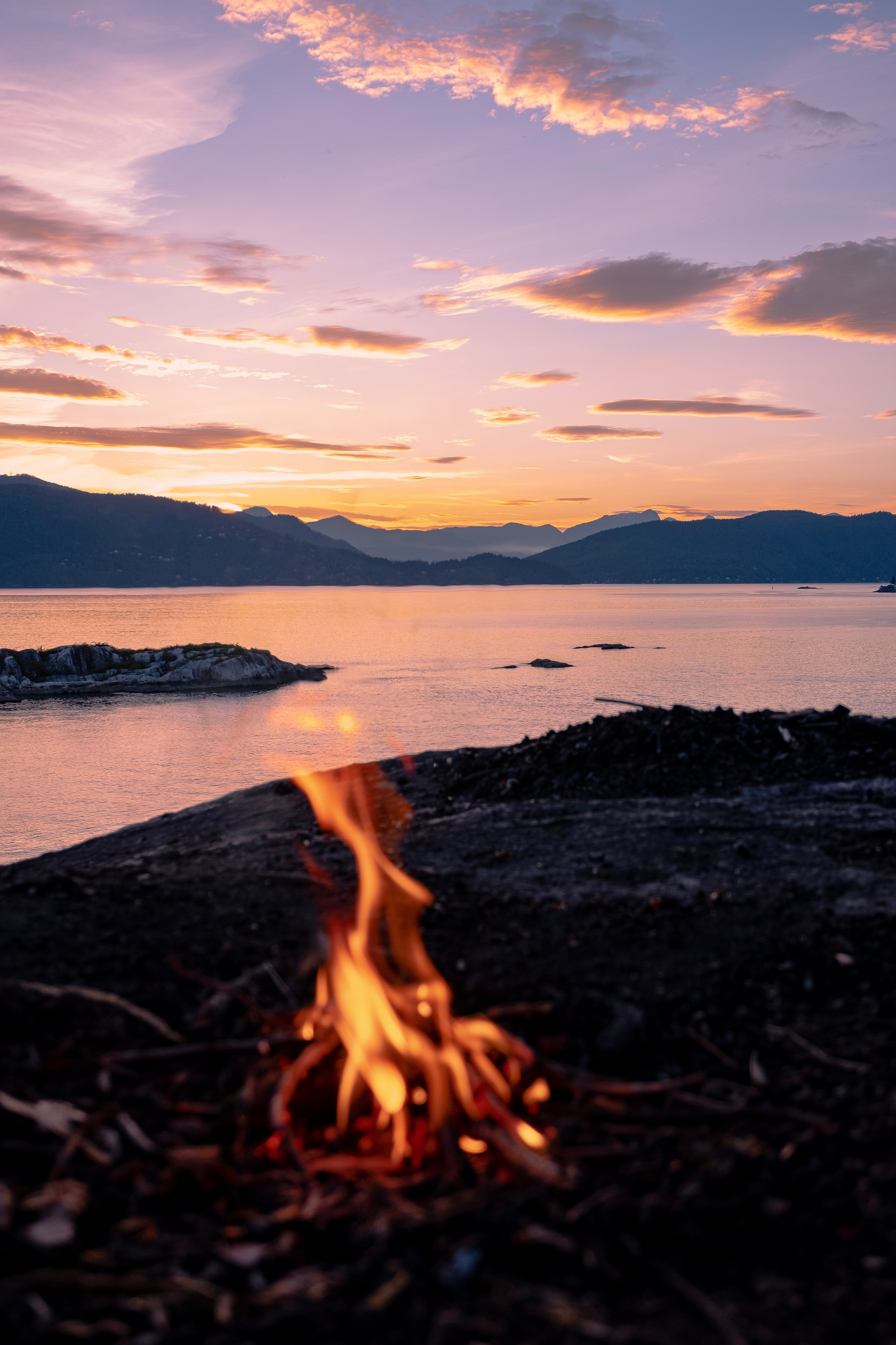 fire, miscellaneous, mountains, bonfire, campsite, camping, sunset, sea, miscellanea