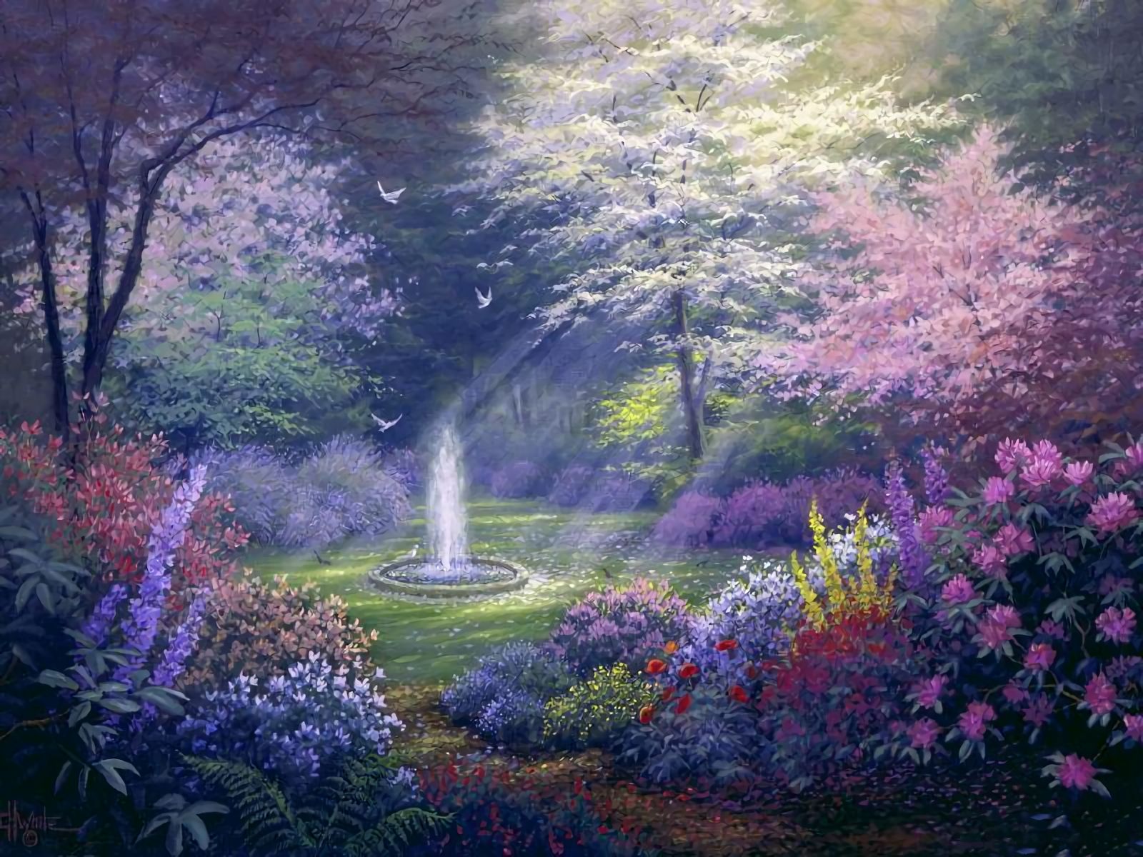Download mobile wallpaper Fountain, Flower, Colors, Garden, Colorful, Painting, Artistic for free.