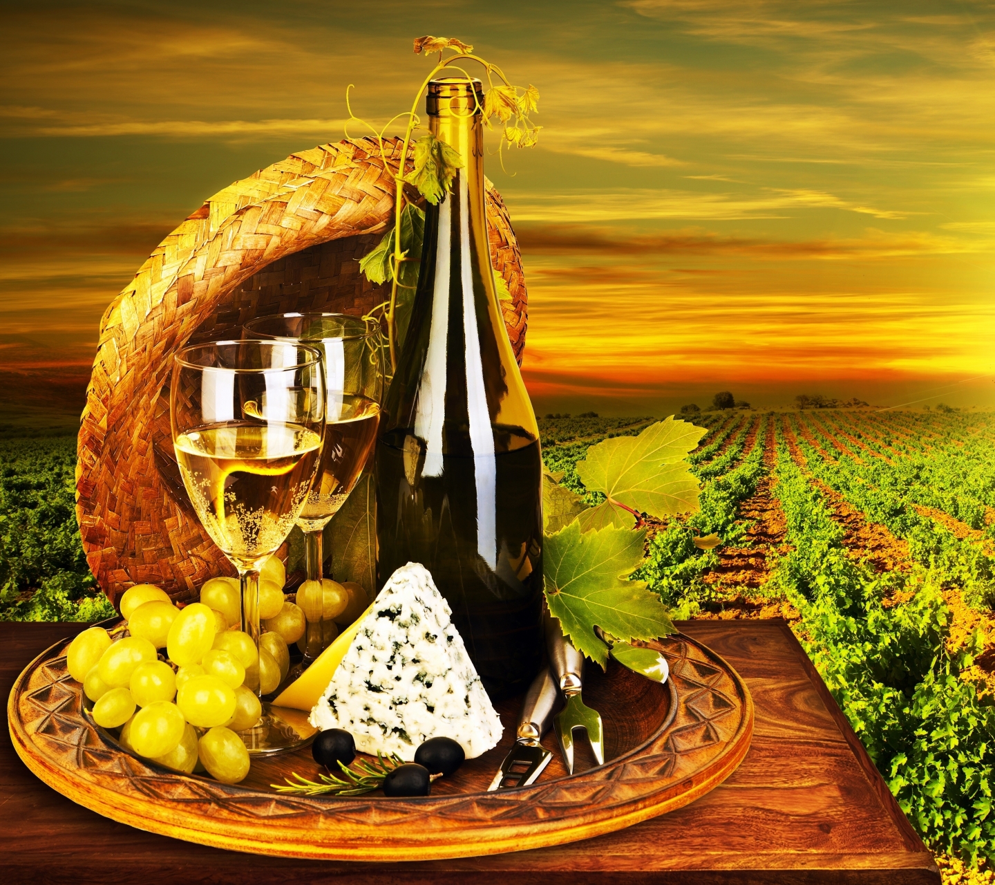 Download mobile wallpaper Food, Sun, Cheese, Grapes, Bottle, Vineyard, Wine for free.