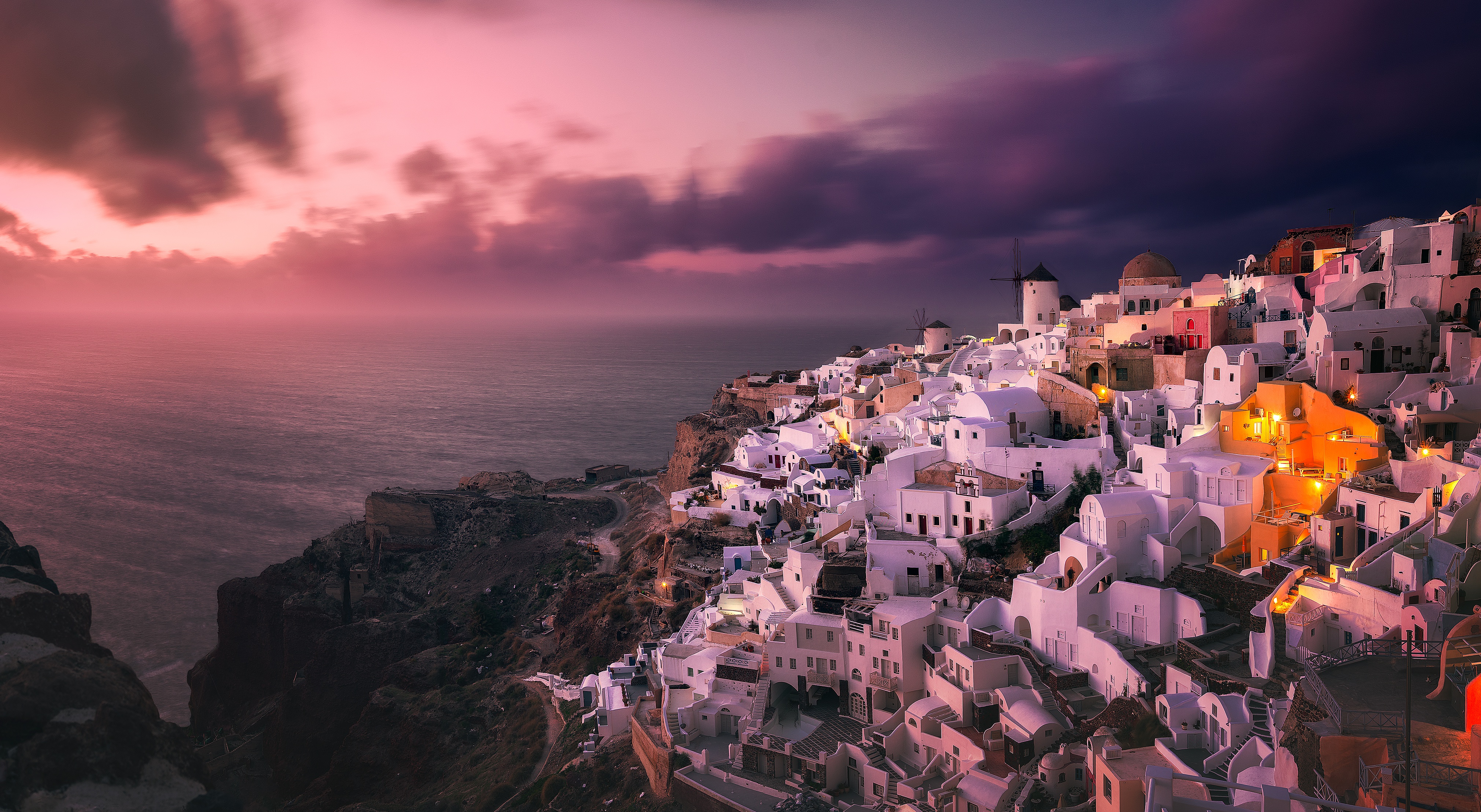 Download mobile wallpaper Sunset, Sea, House, Island, Greece, Town, Santorini, Man Made, Towns for free.