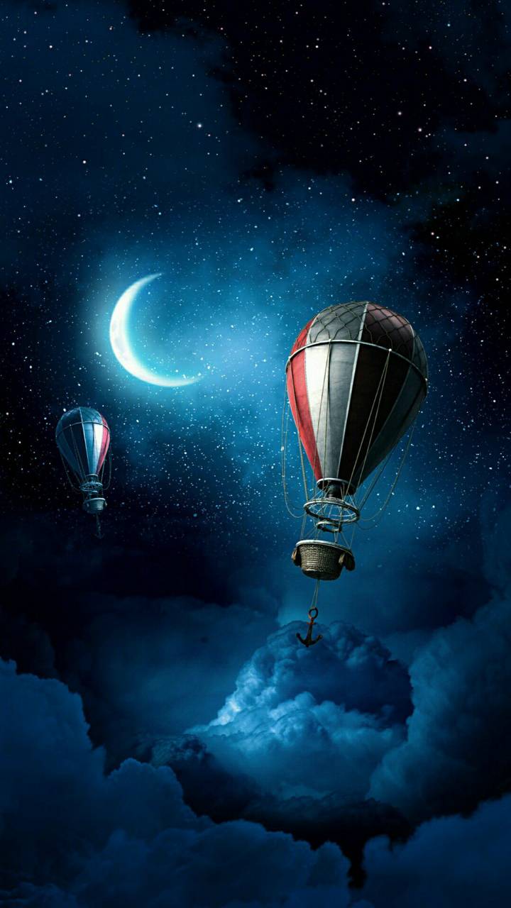 Download mobile wallpaper Fantasy, Sky, Night, Moon, Starry Sky, Artistic, Cloud, Anchor, Hot Air Balloon for free.