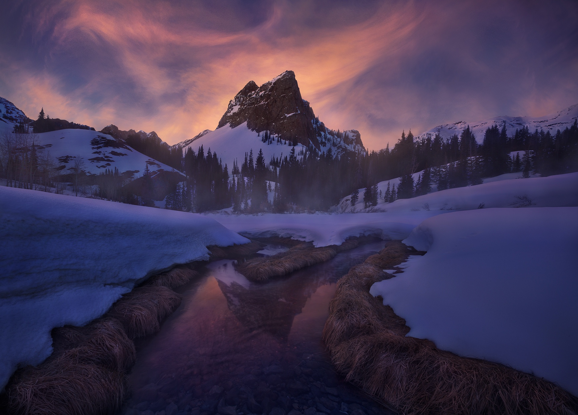 Baixe gratuitamente a imagem Inverno, Natureza, Noite, Neve, Montanha, Corrente, Terra/natureza, Reflecção na área de trabalho do seu PC