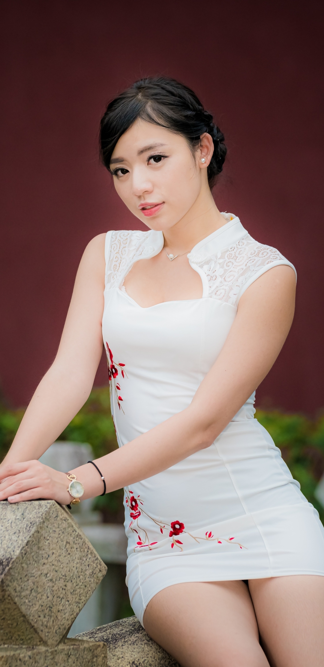 Download mobile wallpaper Model, Women, Asian, Black Hair, White Dress for free.