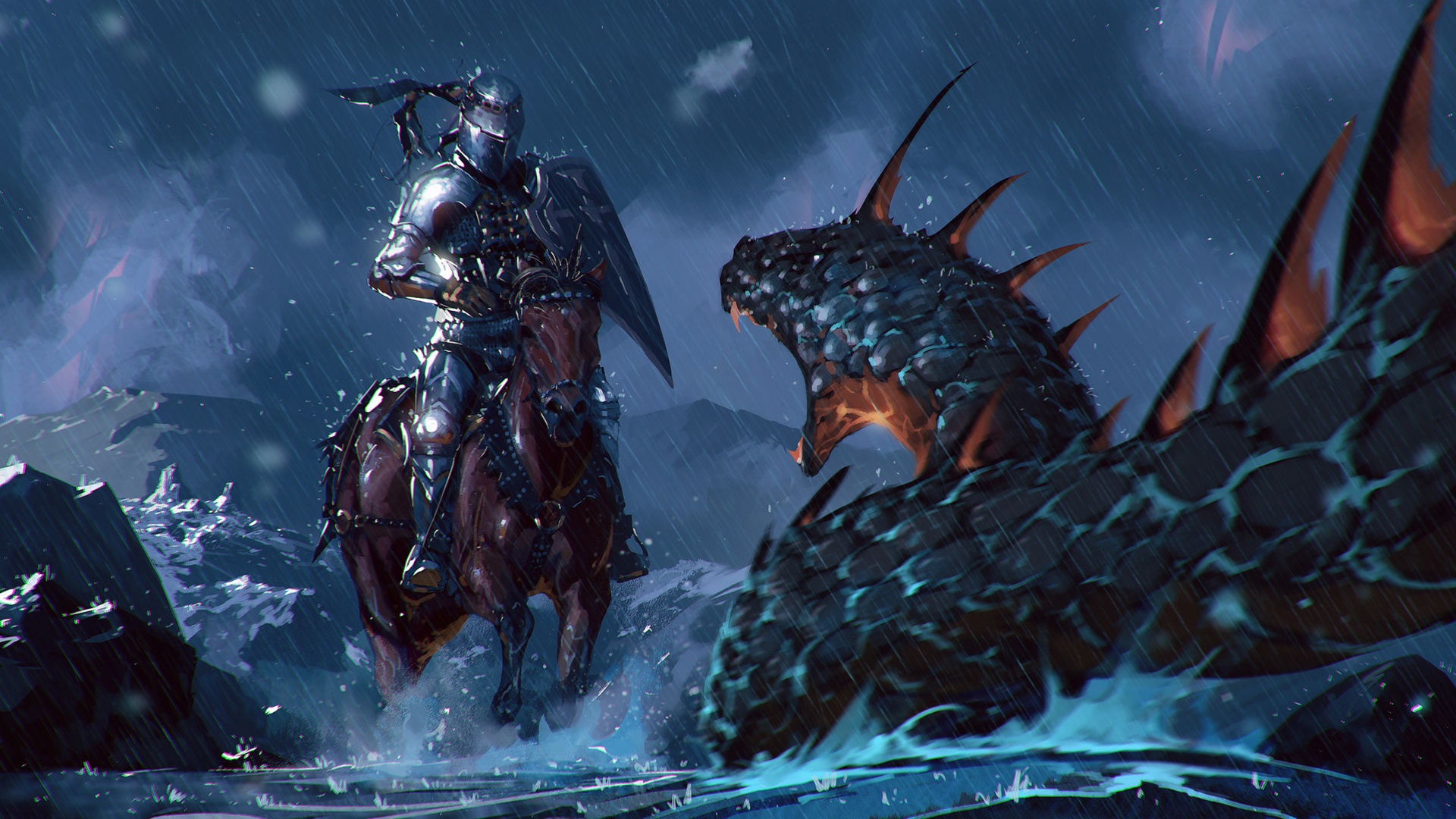Download mobile wallpaper Fantasy, Rain, Warrior, Creature, Horse, Knight, Armor for free.