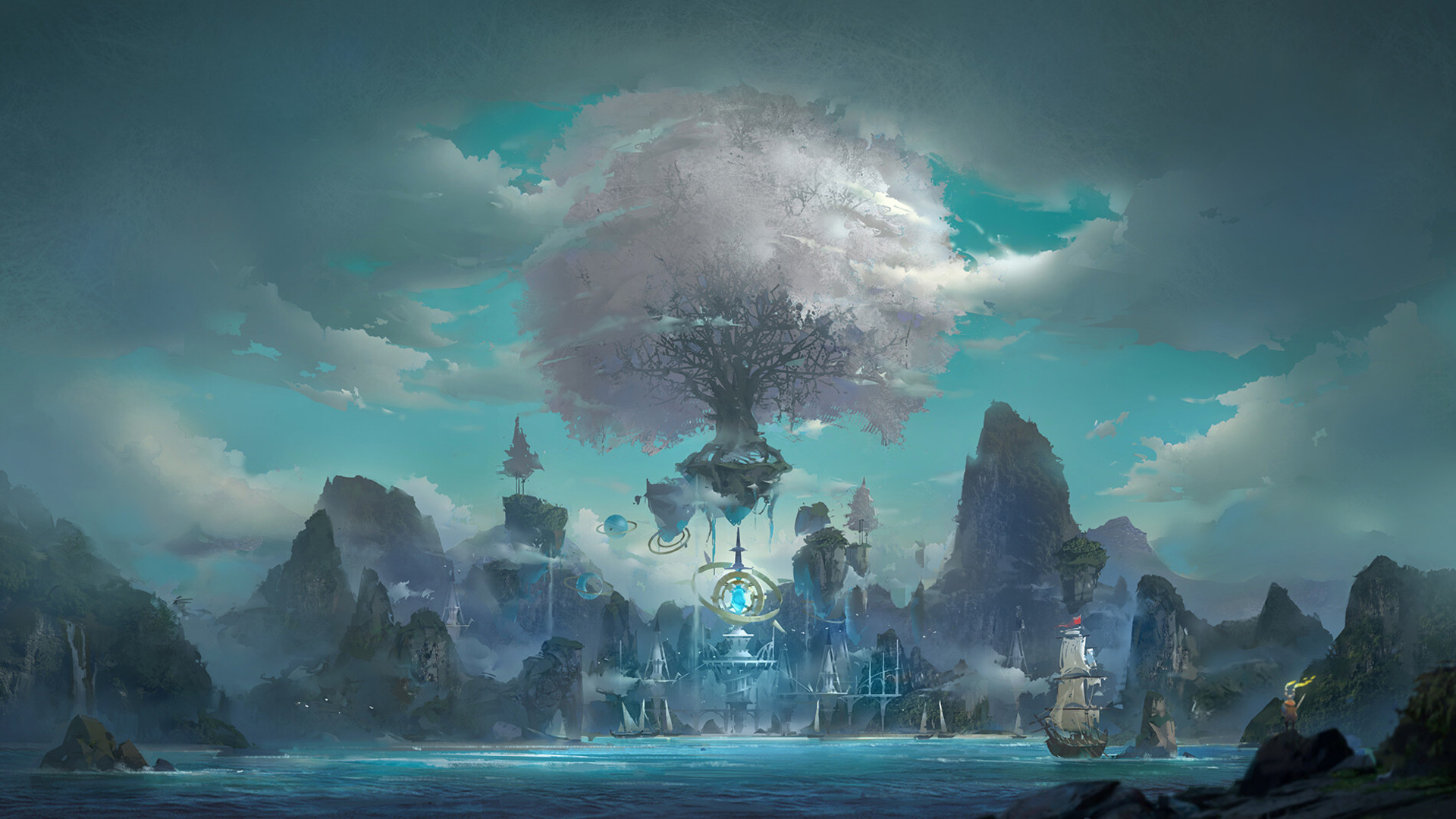 Free download wallpaper Landscape, Fantasy, Tree, Ship on your PC desktop