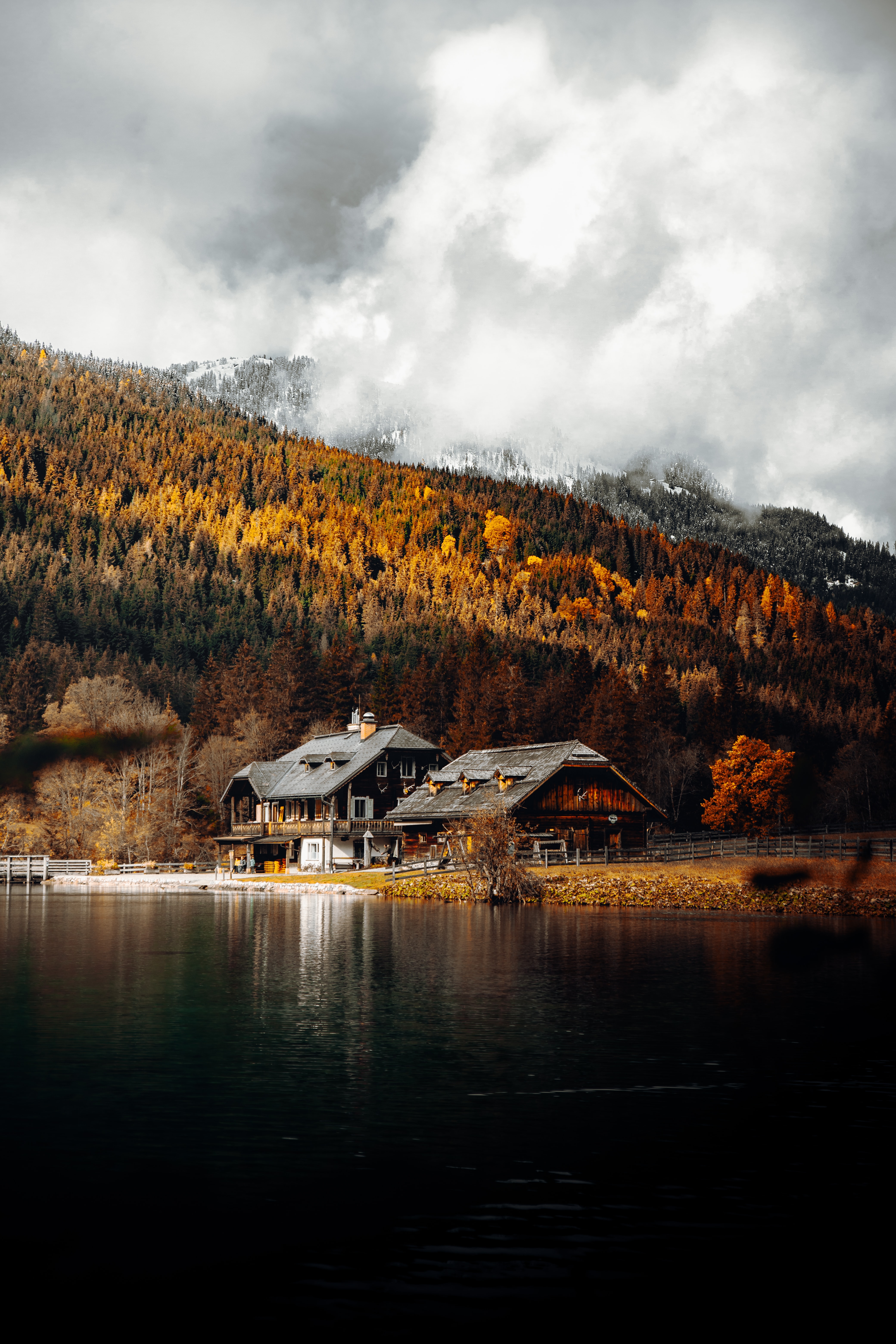 lake, autumn, landscape, nature, forest, house cellphone