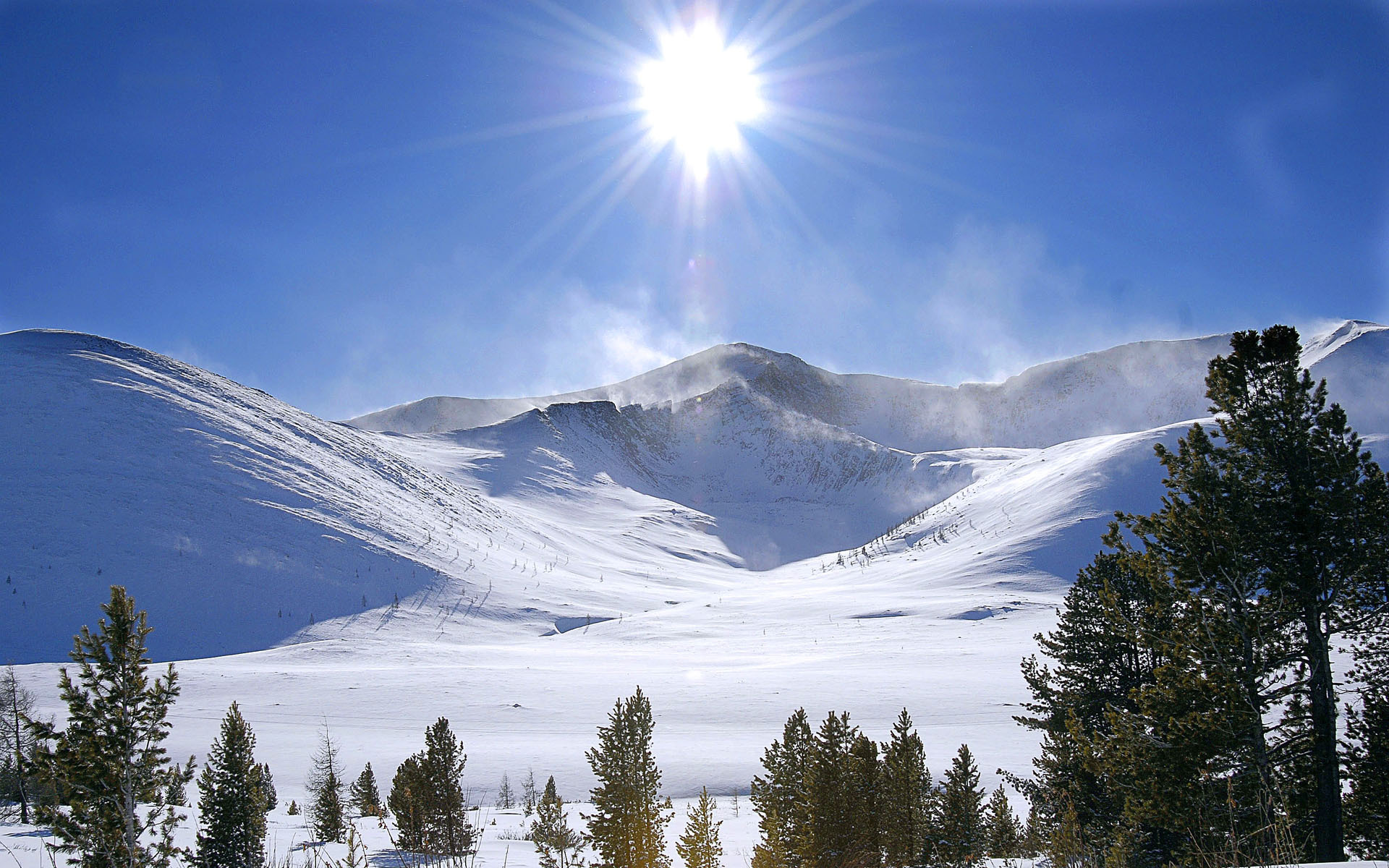 Free download wallpaper Landscape, Trees, Mountains, Snow on your PC desktop