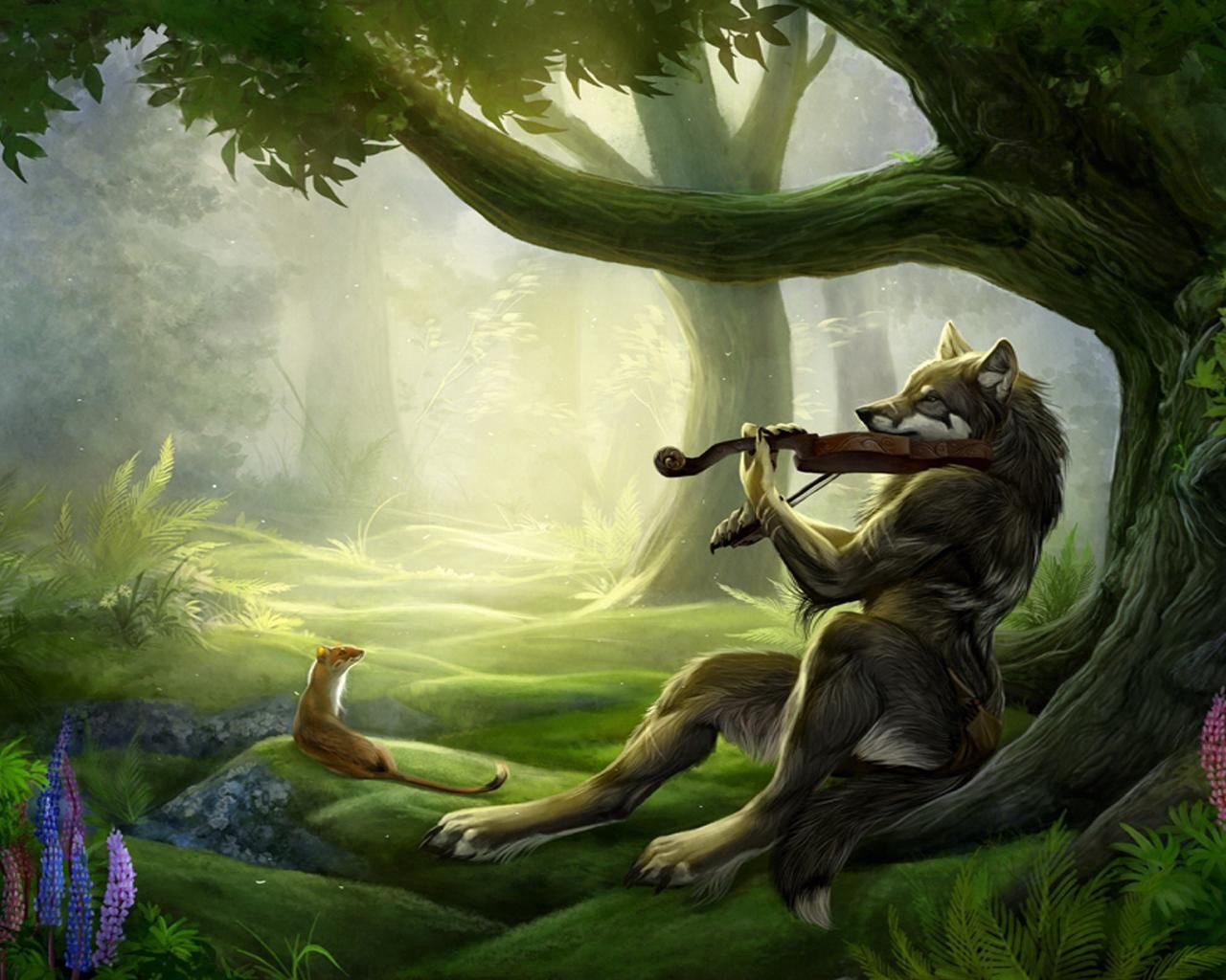 無料モバイル壁紙バイオリン, 森, 森林, 狼, ファンタジー, 音楽をダウンロードします。
