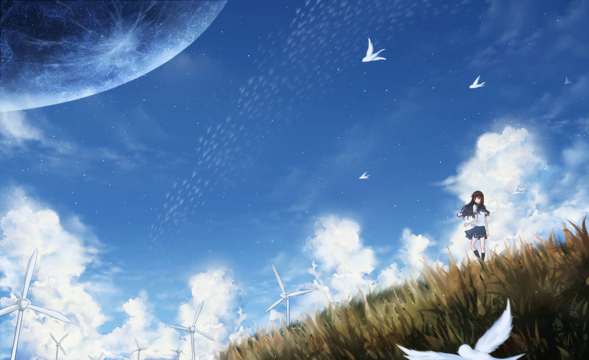 Free download wallpaper Anime, Sky, Original, Wind Turbine, School Uniform on your PC desktop