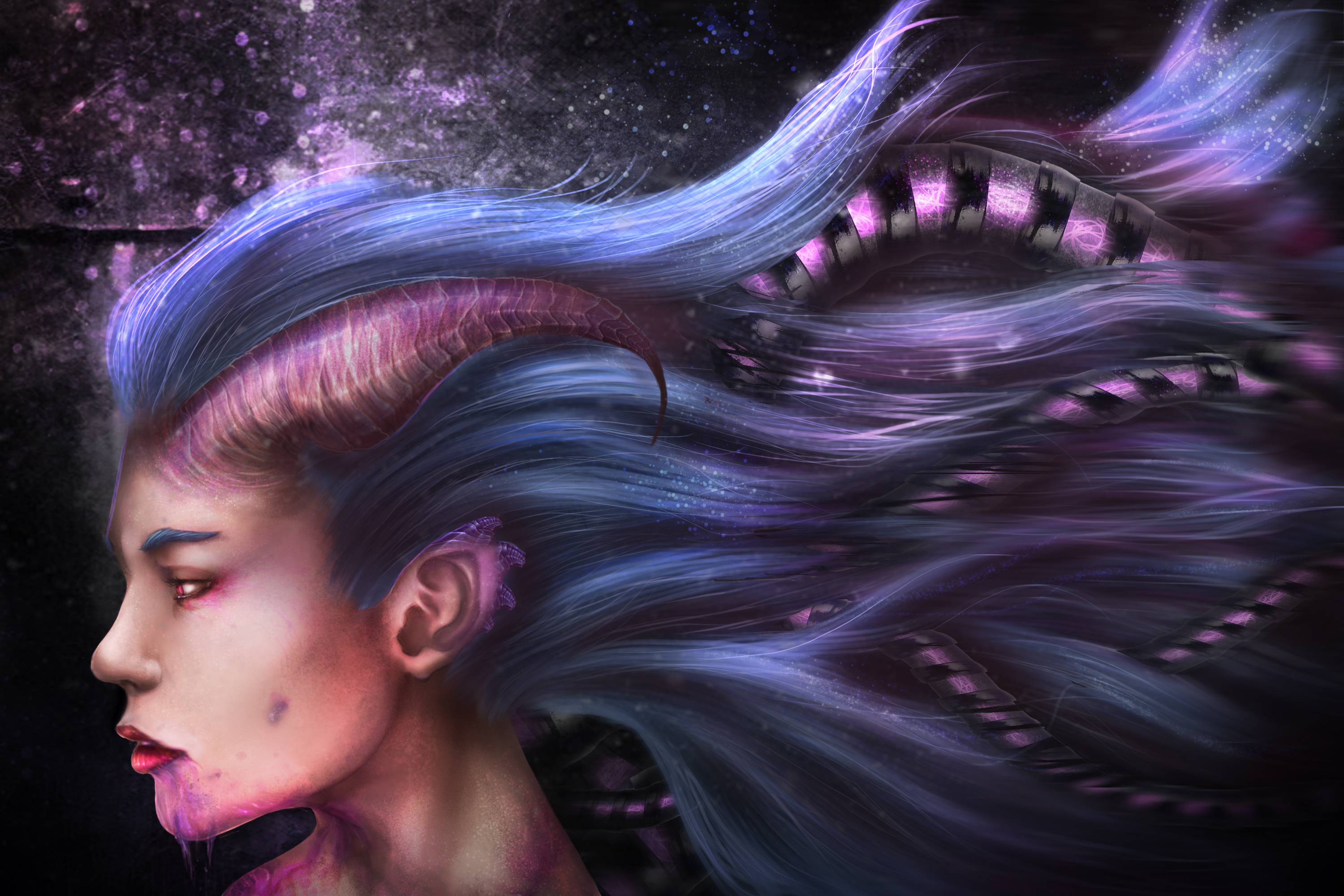 Free download wallpaper Fantasy, Face, Horns, Demon, Blue Hair on your PC desktop