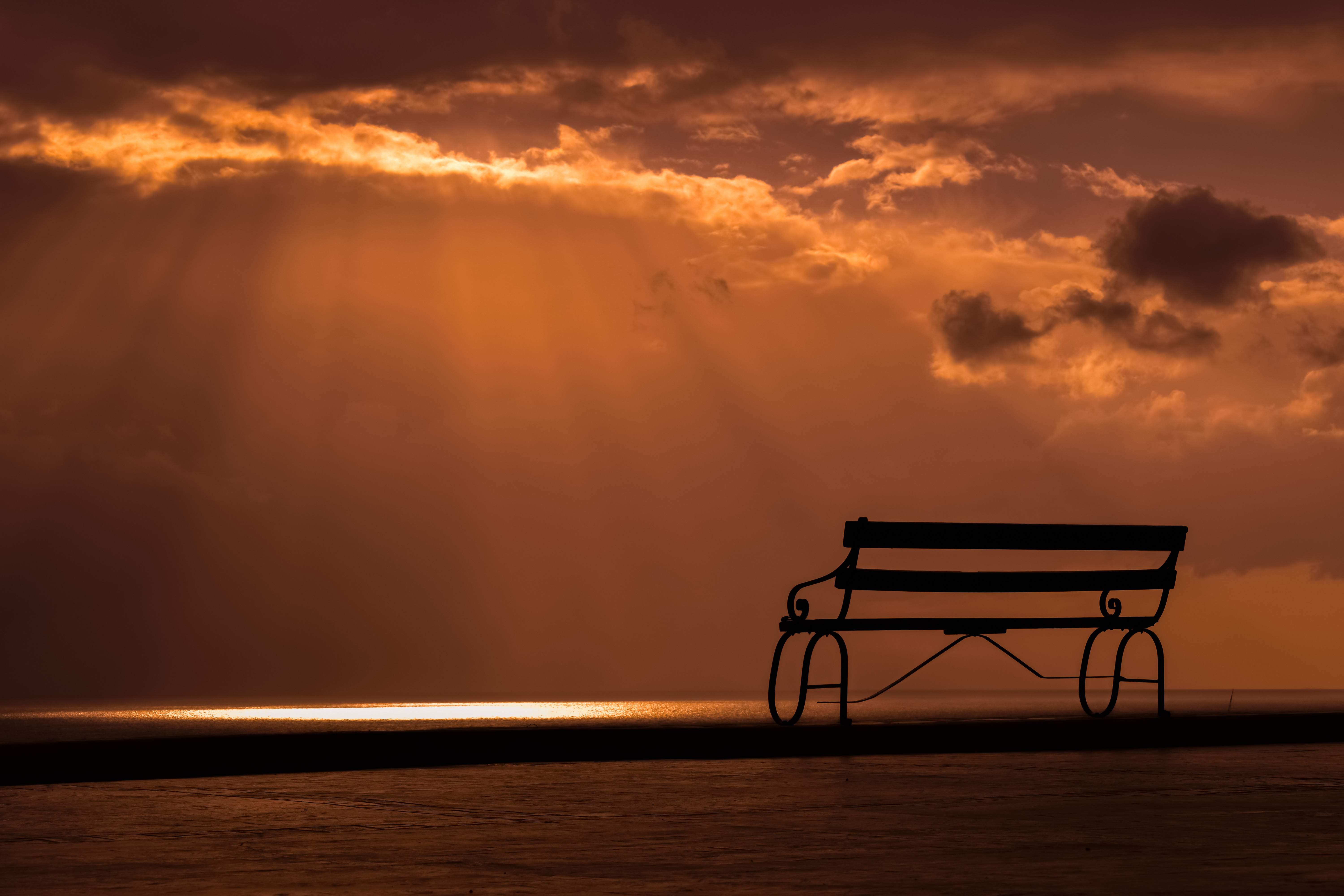 bench, sunset, nature, sky, clouds 4K Ultra