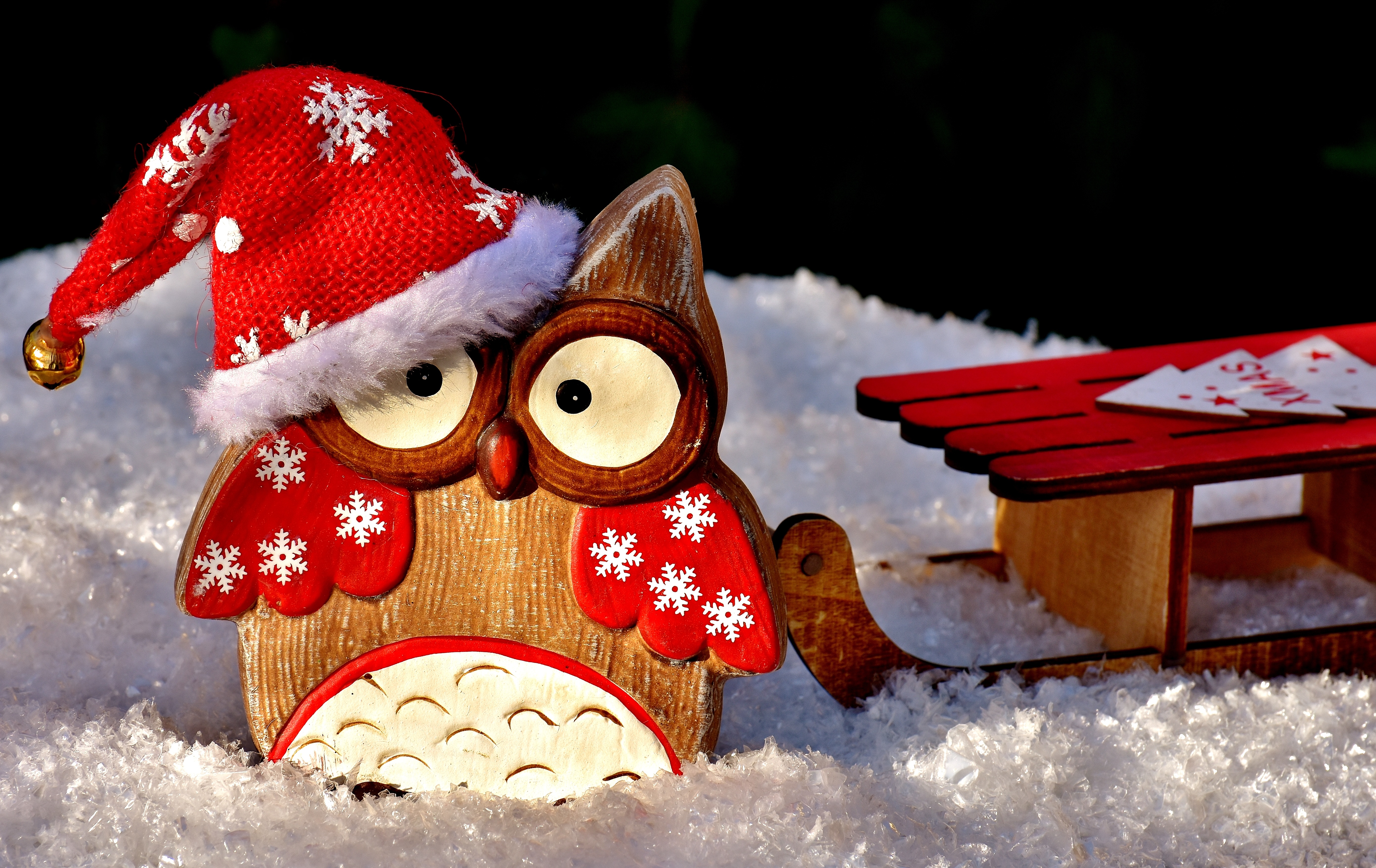 sled, holiday, christmas, owl, santa hat, snow HD wallpaper