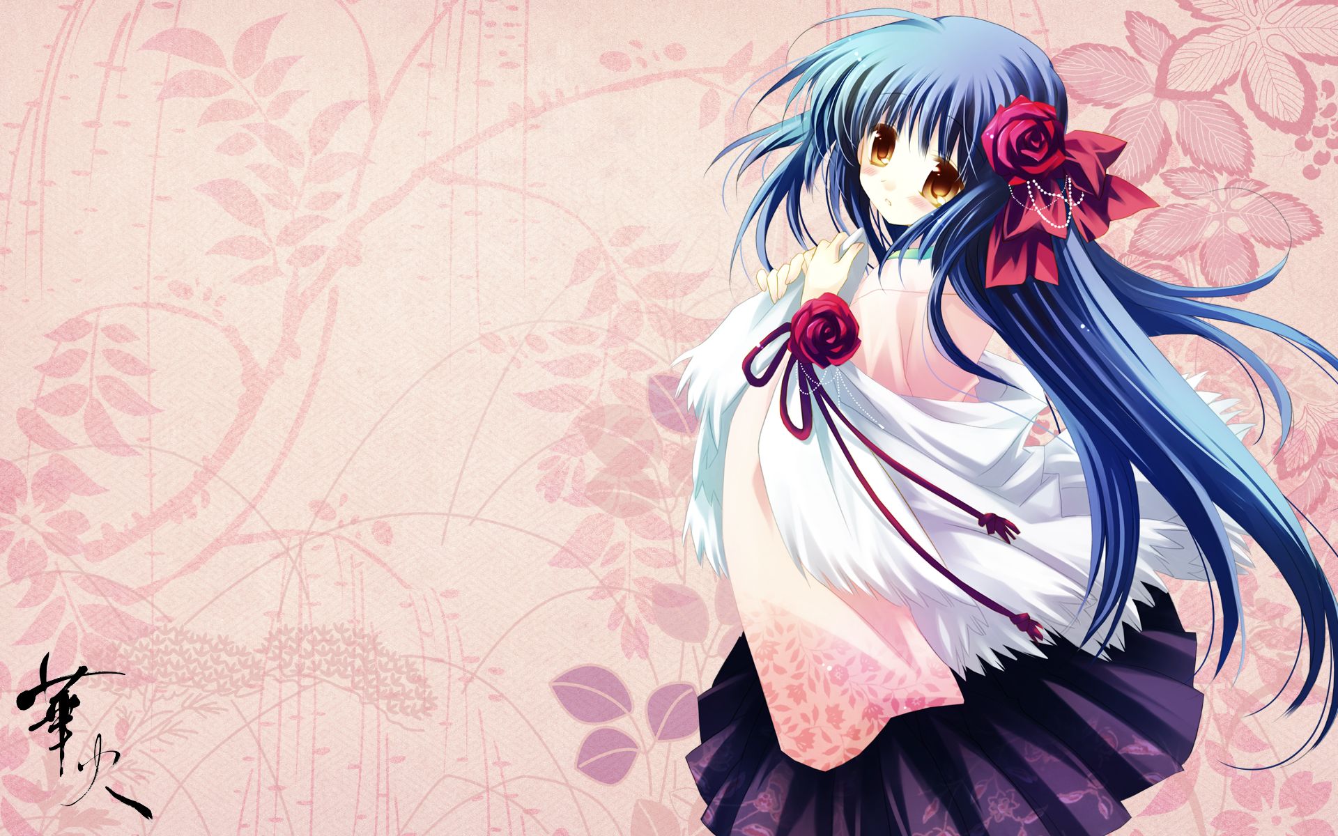 Free download wallpaper Anime, Flower, Kimono, Original, Blush, Blue Hair, Long Hair, Orange Eyes on your PC desktop