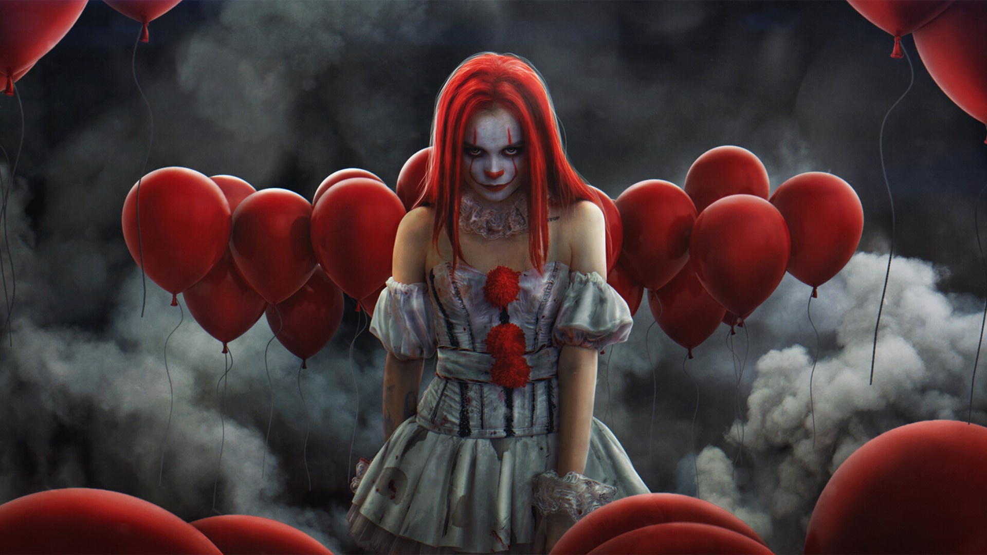 Download mobile wallpaper Dark, Balloon, Clown, Red Hair for free.
