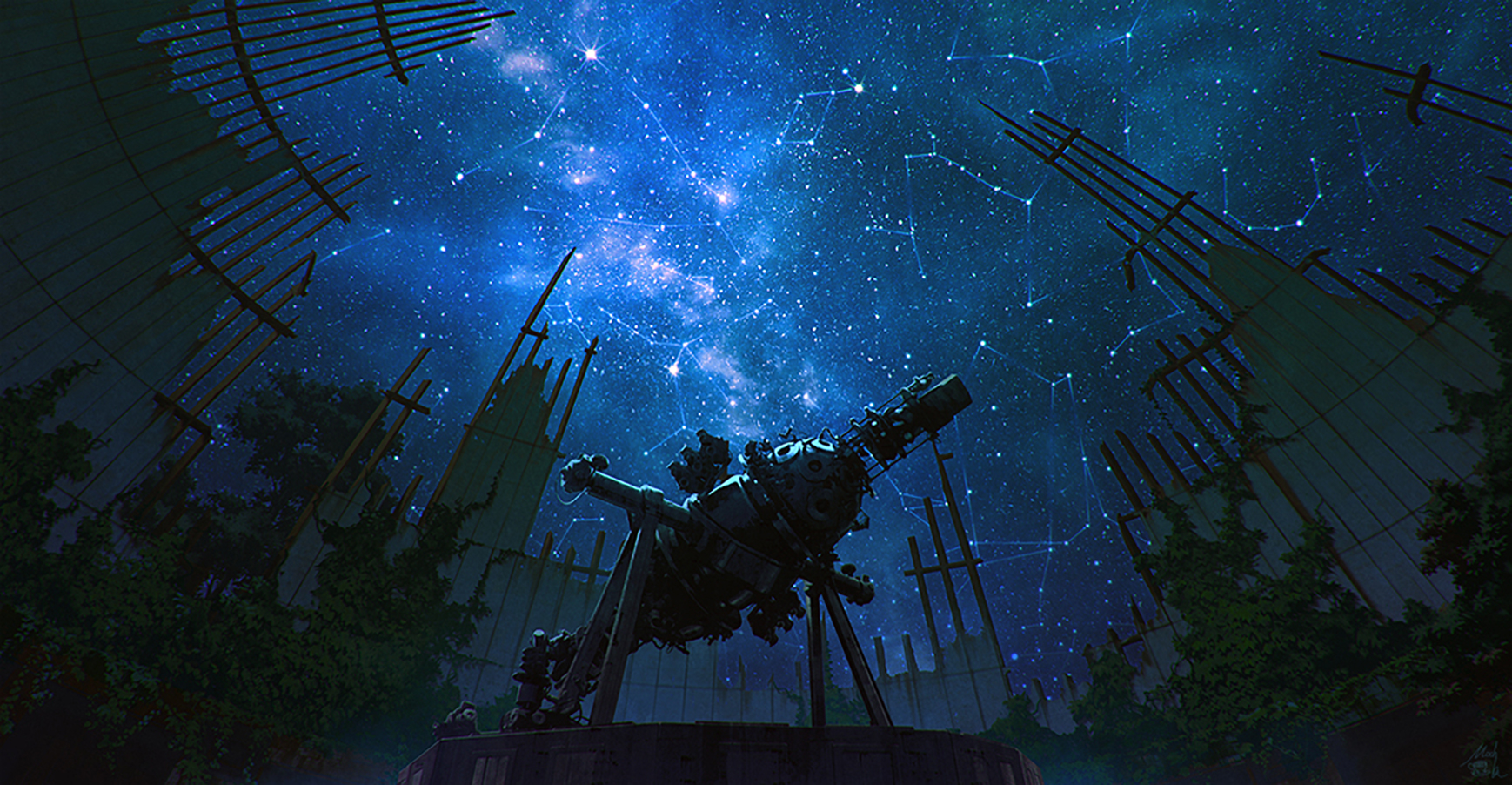galaxy, anime, original, fantasy, night, observatory, stars, telescope