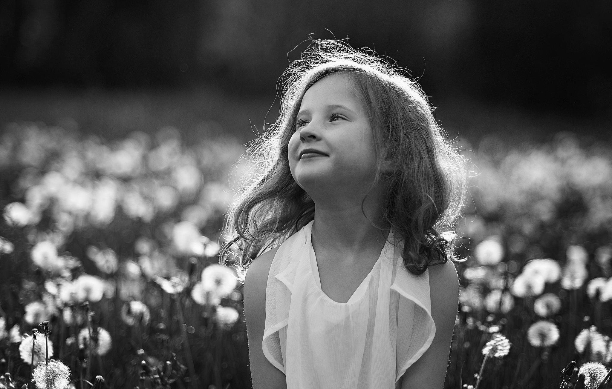 Download mobile wallpaper Field, Child, Dandelion, Photography, Black & White for free.