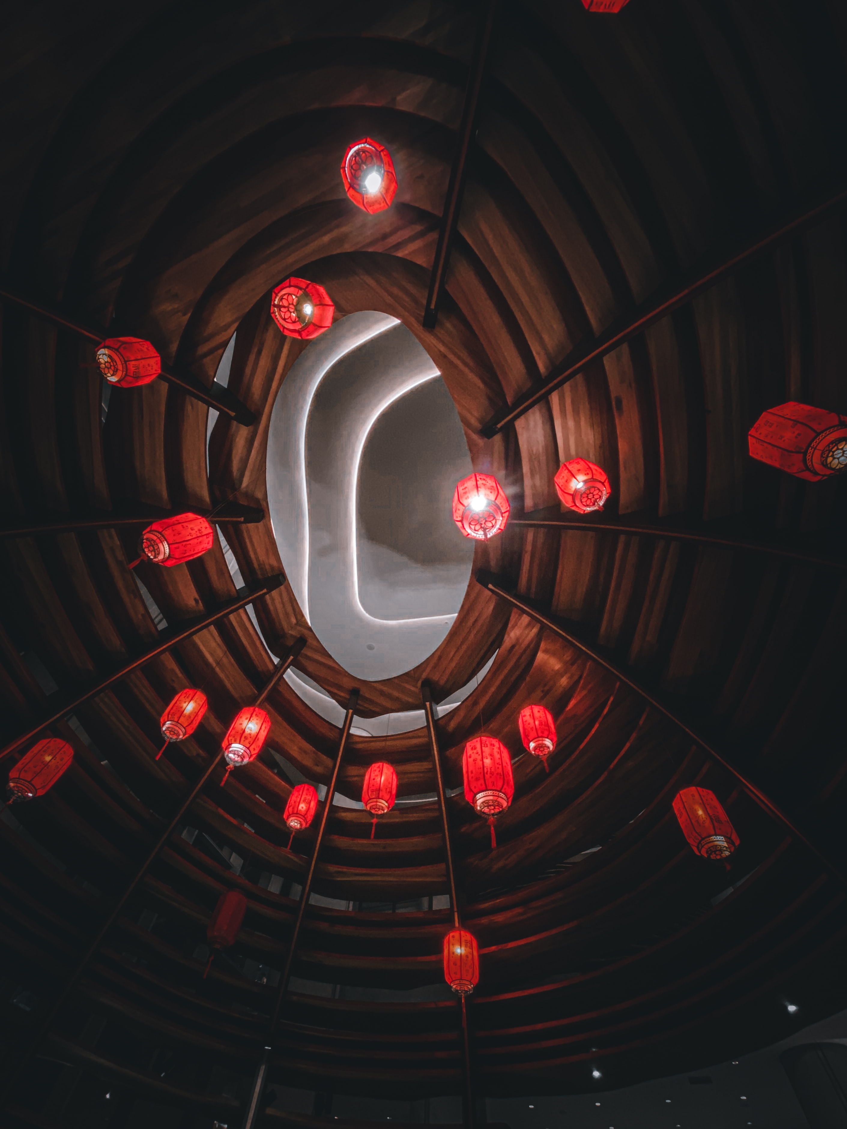 lights, tunnel, red, building, miscellanea, miscellaneous, lanterns download HD wallpaper