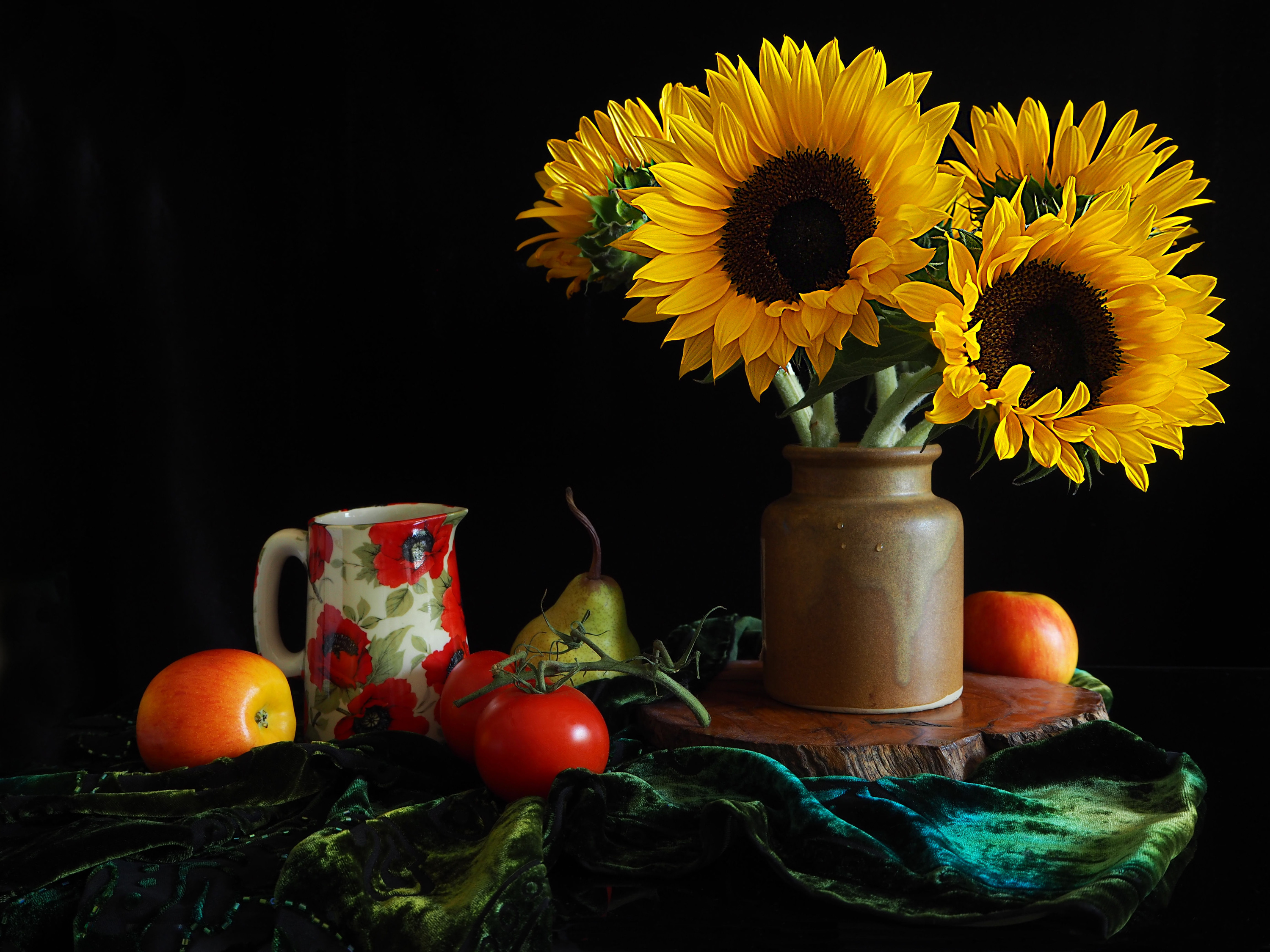 Download mobile wallpaper Still Life, Fruit, Sunflower, Photography, Pitcher for free.