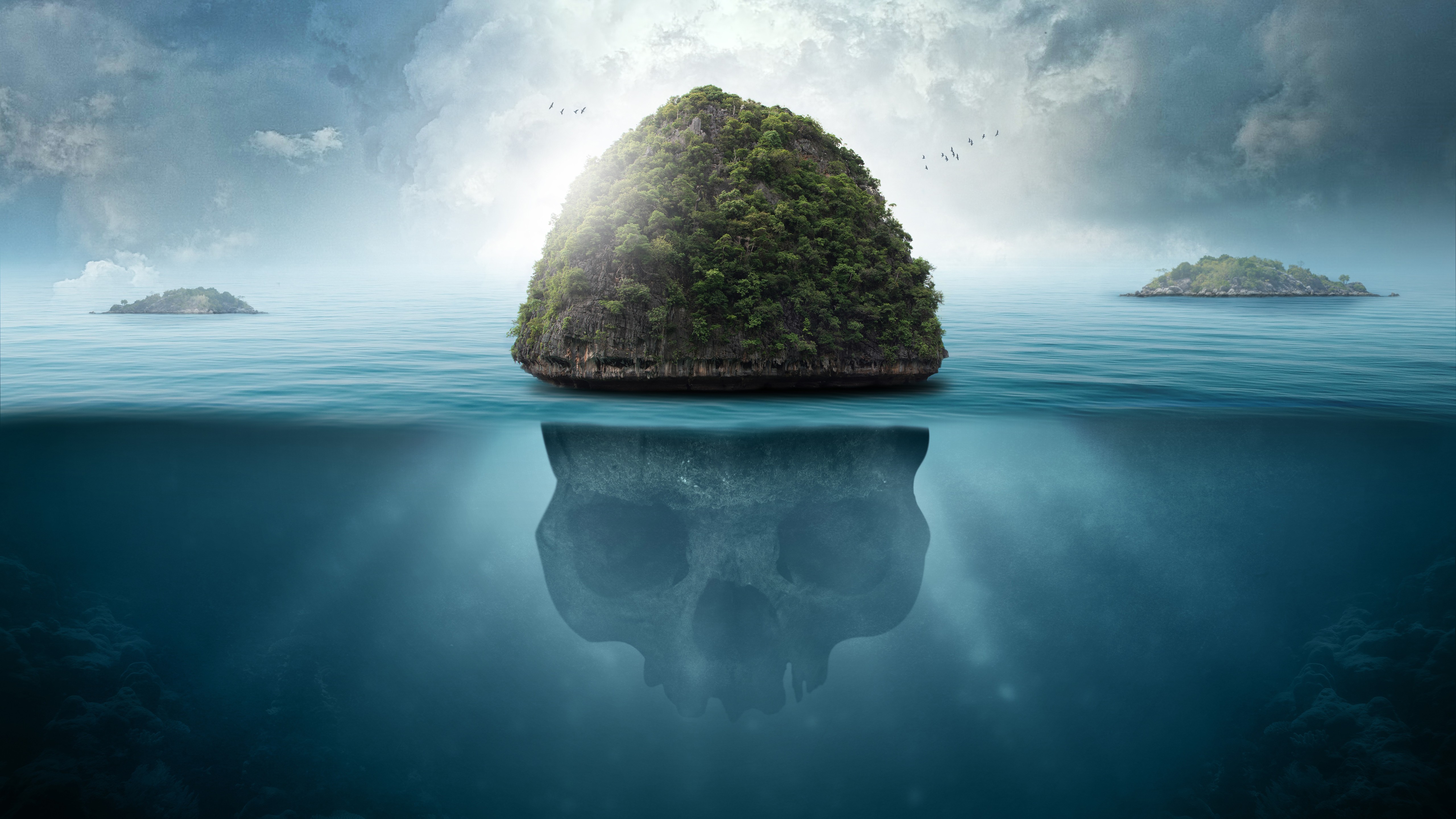 Laden Sie das Wasser, Fantasie, Insel, Skelett-Bild kostenlos auf Ihren PC-Desktop herunter