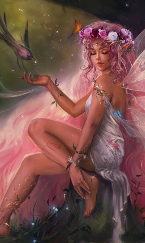 Download mobile wallpaper Fantasy, Bird, Mood, Fairy, Pink Hair for free.