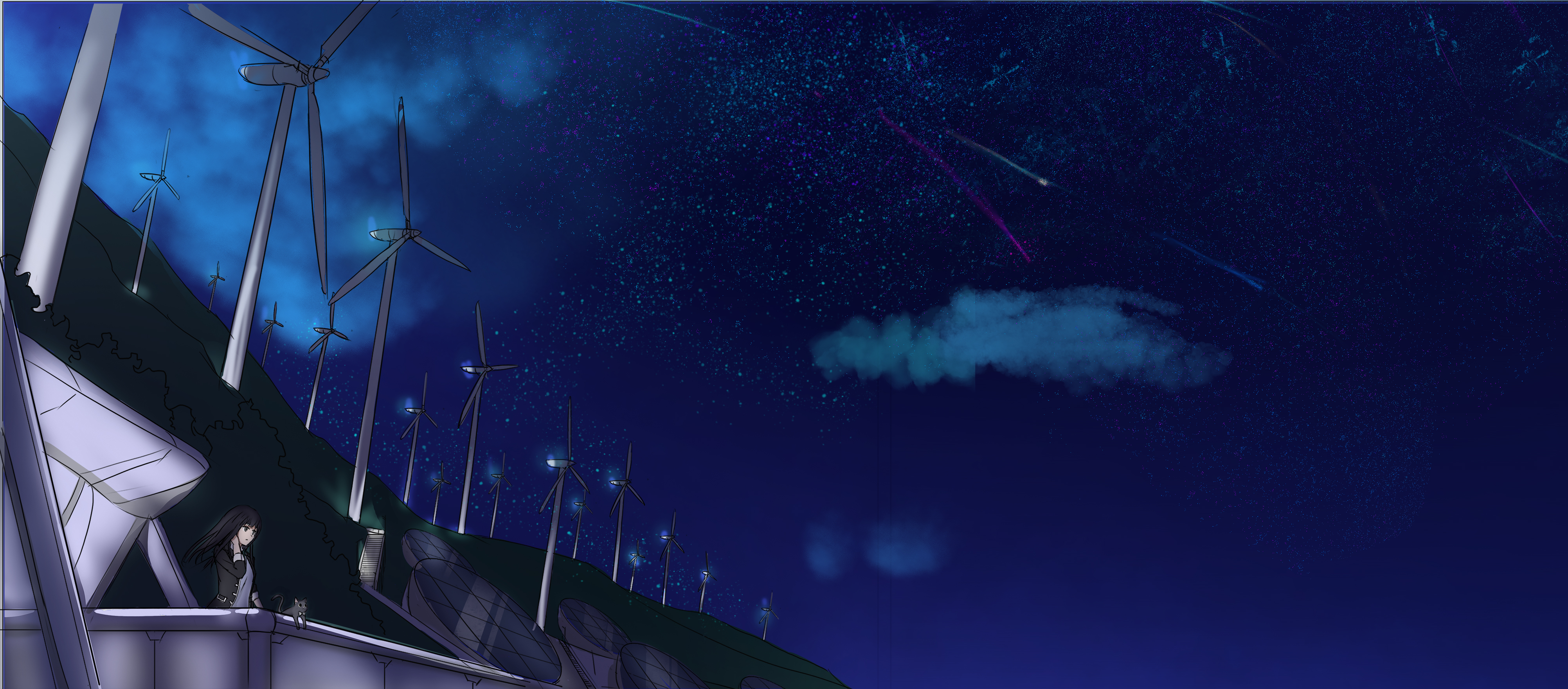 Download mobile wallpaper Anime, Cat, Starry Sky, Original, Shooting Star for free.