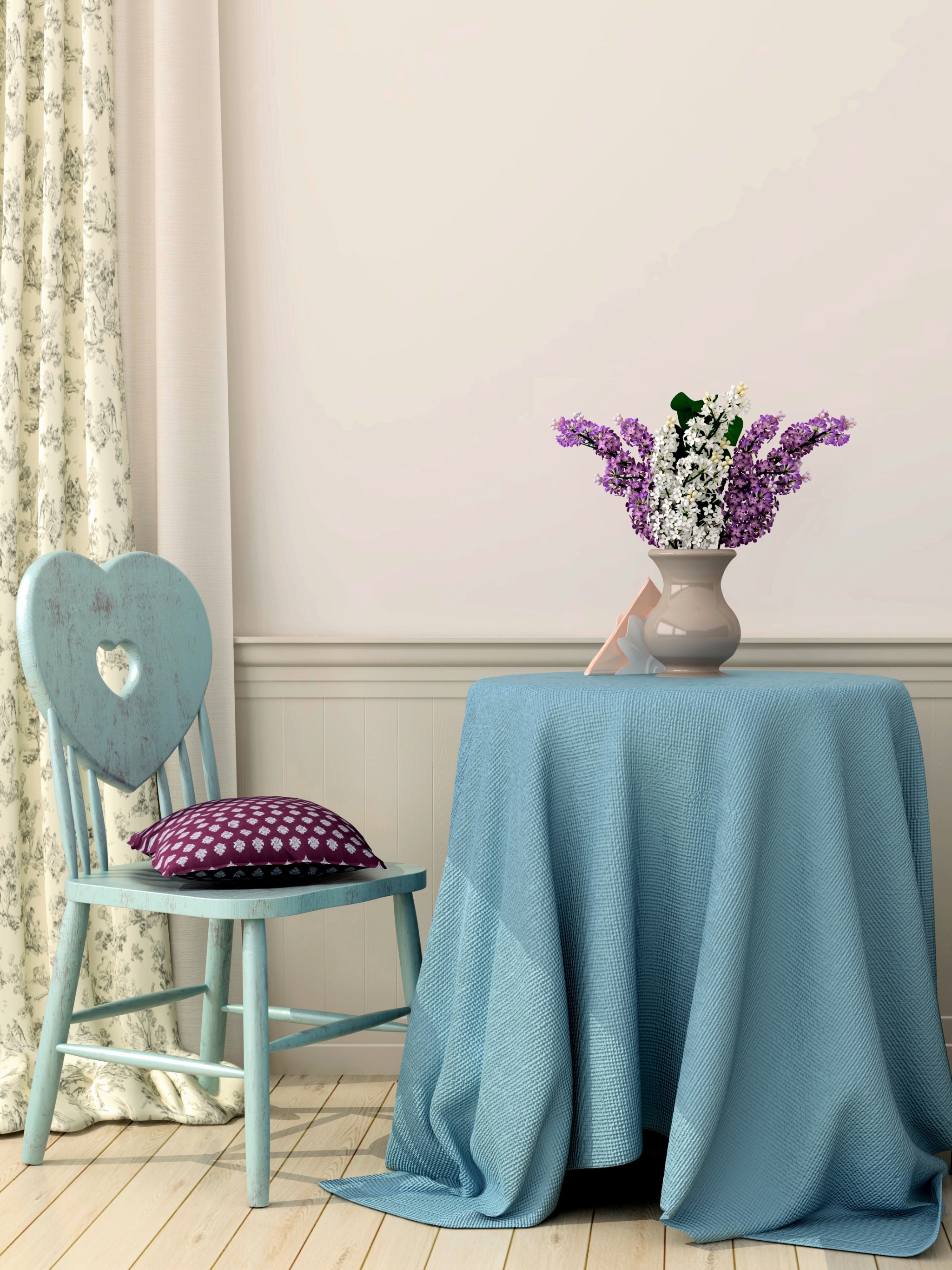Download mobile wallpaper Lilac, Interior, Still Life, Chair, Table, Vase, Photography, Cushion for free.
