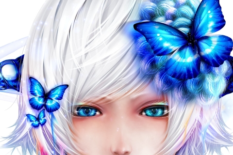 Descarga gratis la imagen Fantasía, Mariposa, Ojos Azules, Cuernos, Original, Animado, Pelo Blanco en el escritorio de tu PC