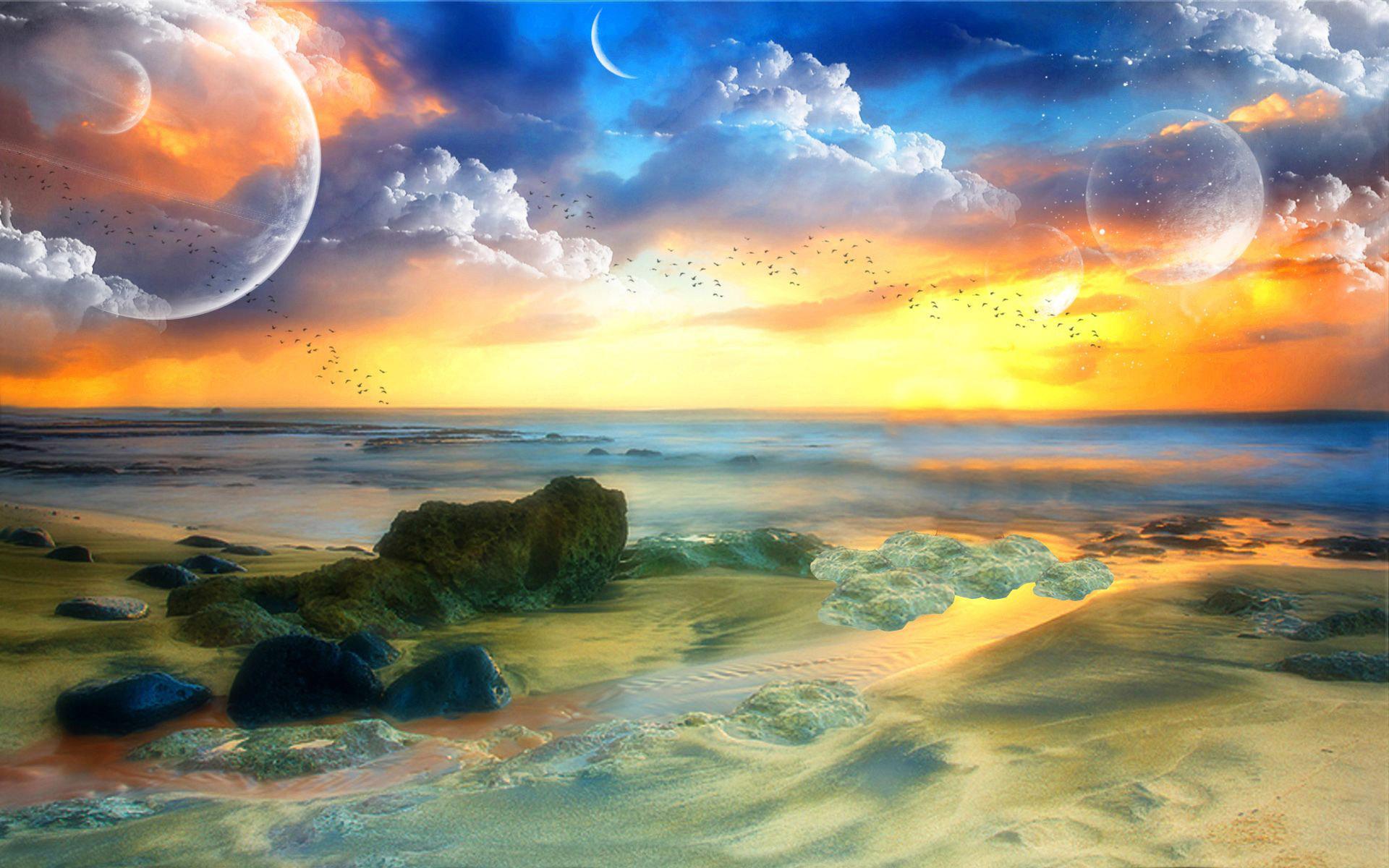 Download mobile wallpaper Landscape, Sunset, Beach, Ocean, Planet, Sci Fi, Cloud, Cgi for free.