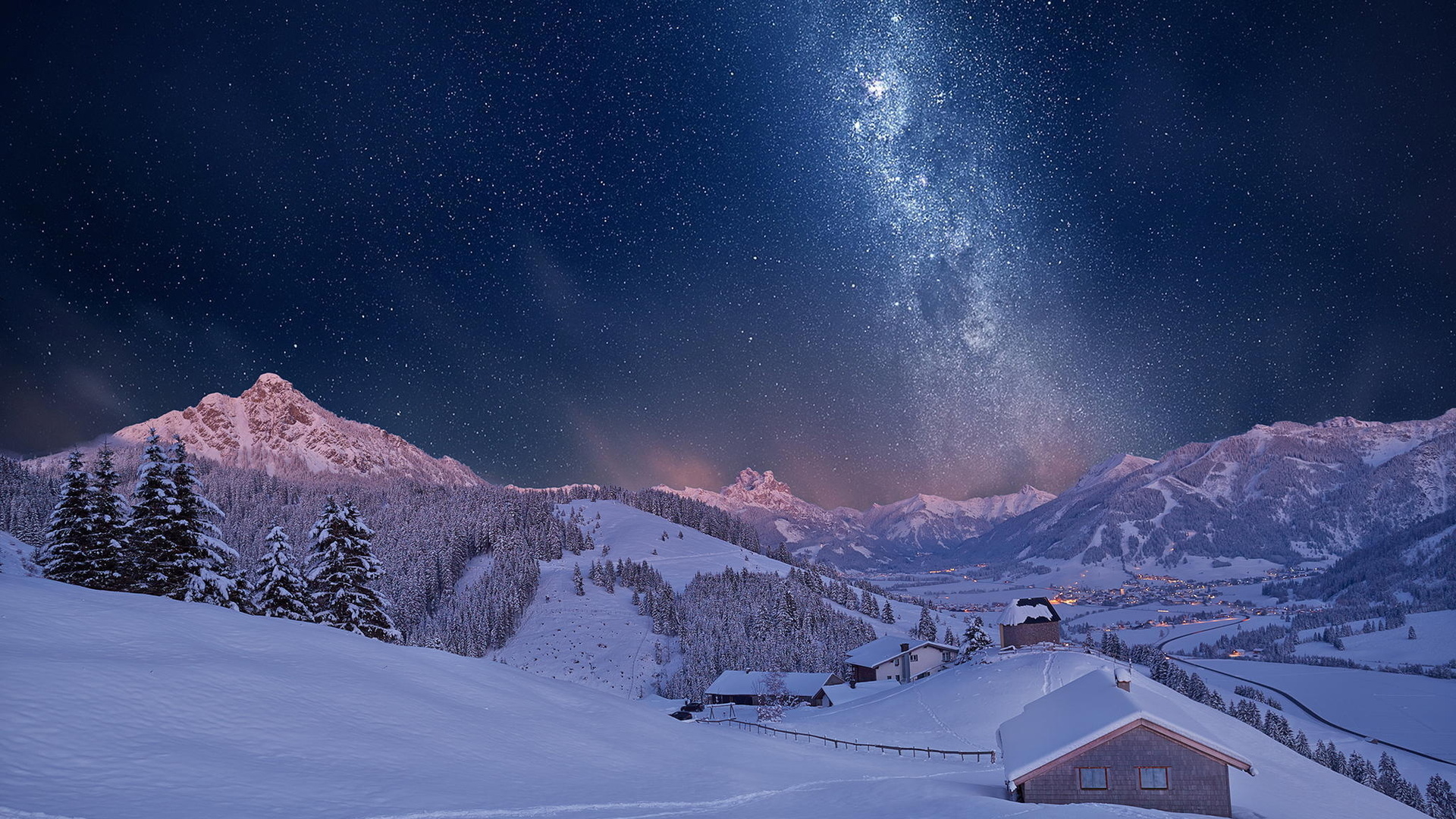 Download mobile wallpaper Winter, Sky, Stars, Night, Snow, Forest, Starry Sky, House, Milky Way, Village, Man Made for free.
