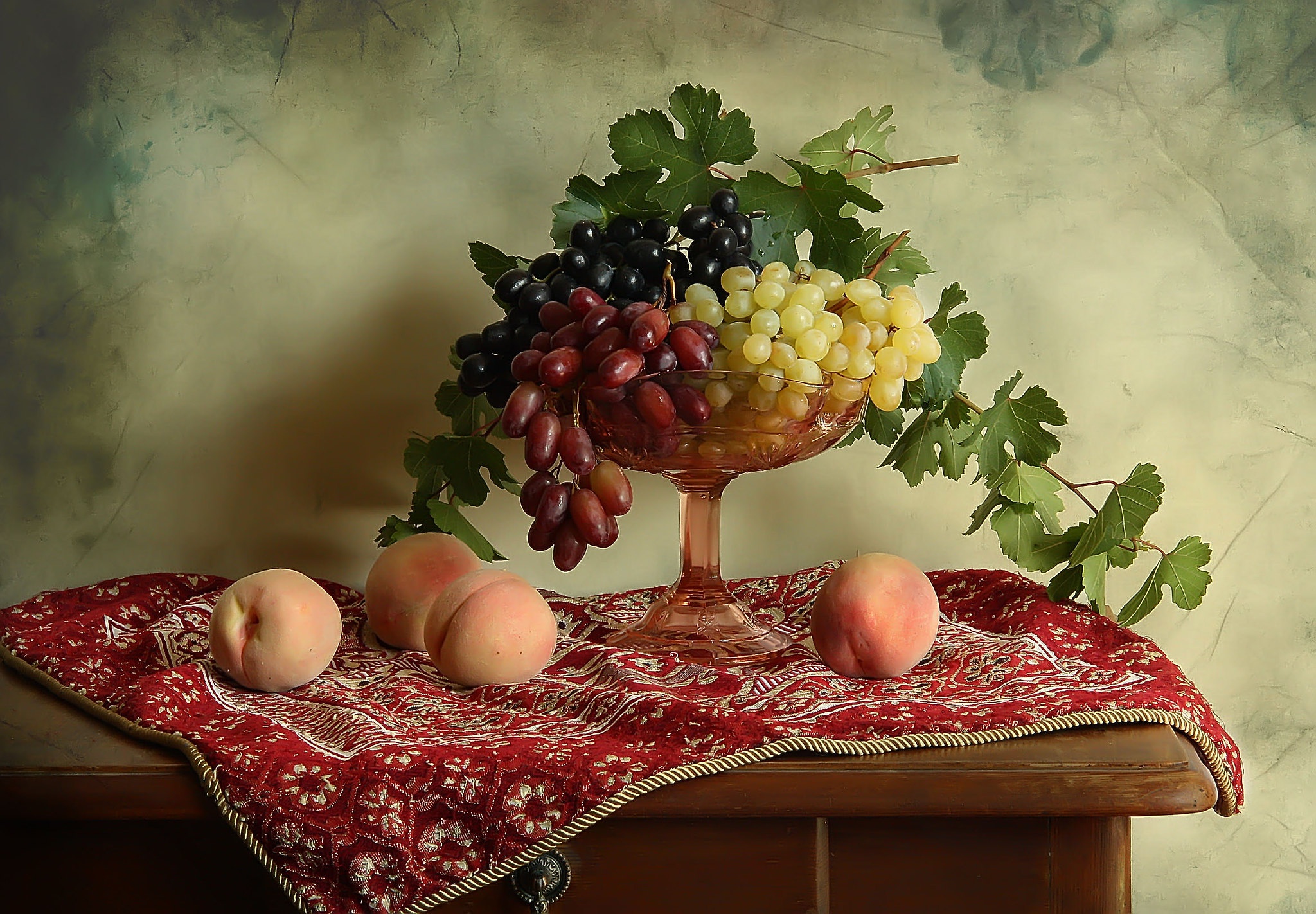 Download mobile wallpaper Food, Grapes, Still Life, Peach for free.