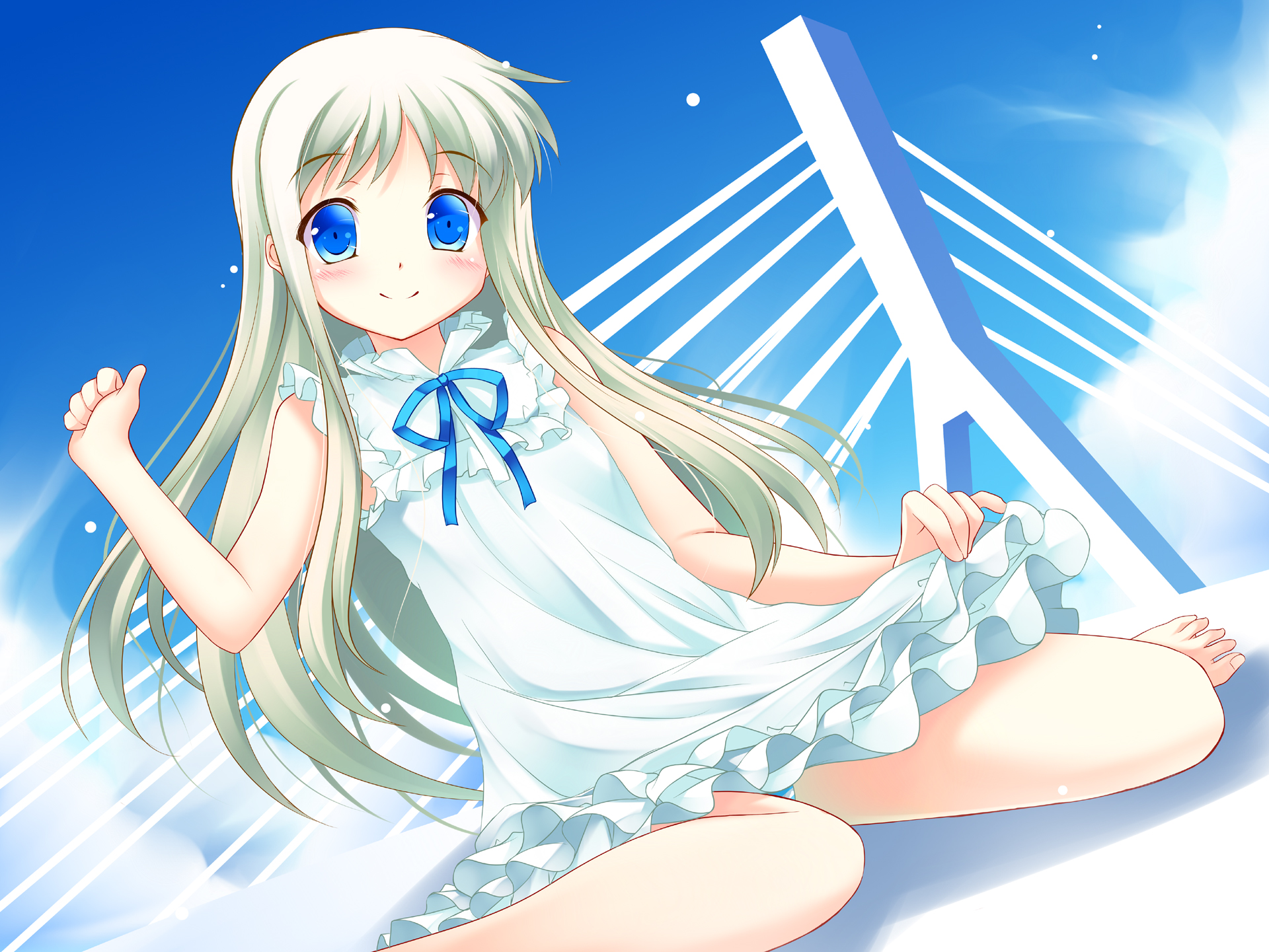 Free download wallpaper Anime, Smile, Blonde, Dress, Blue Eyes, Blush, Long Hair, Bow (Clothing), White Dress, Meiko Honma, Anohana on your PC desktop