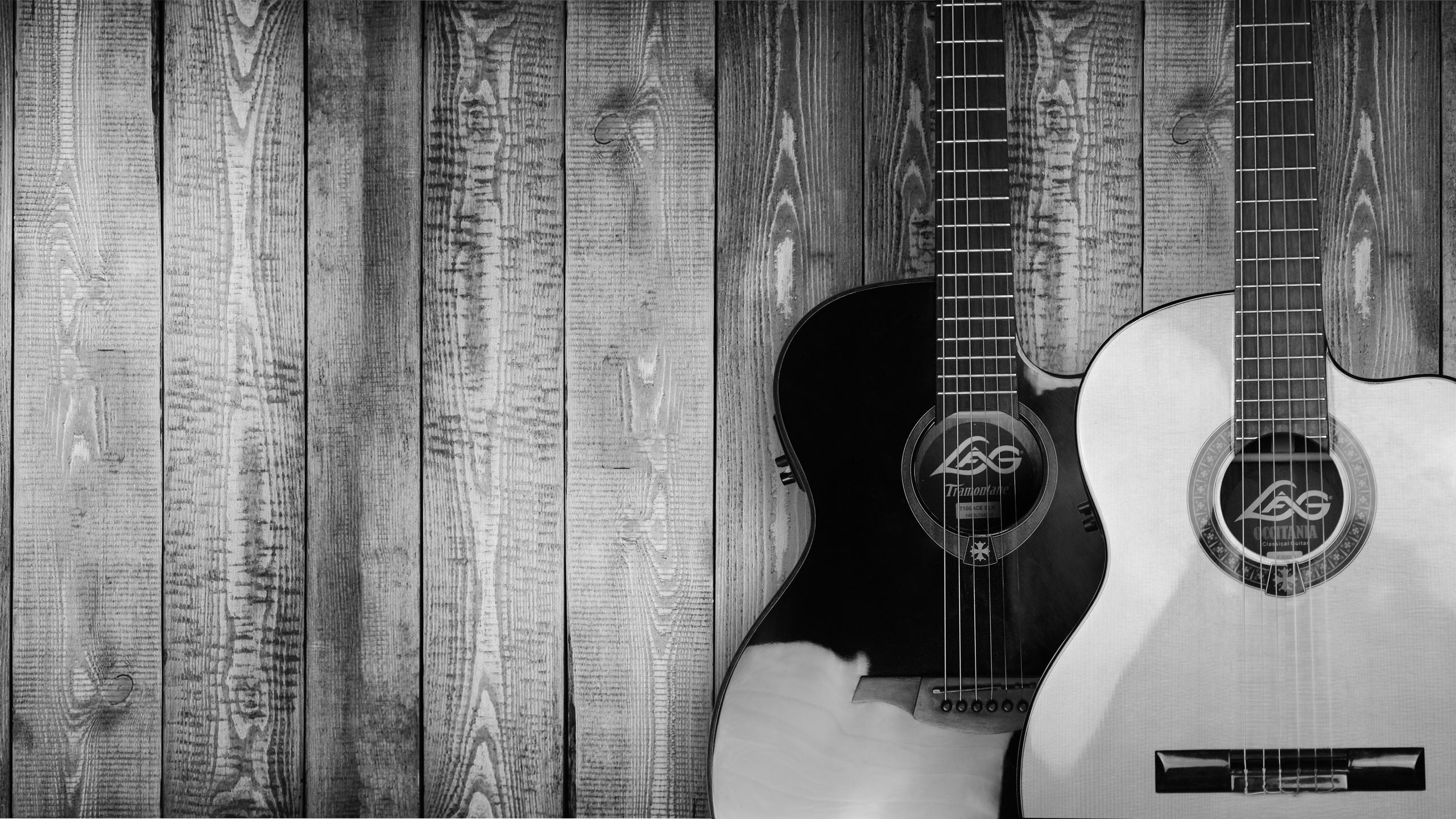 Download mobile wallpaper Music, Wood, Guitar, Black & White, Instrument for free.