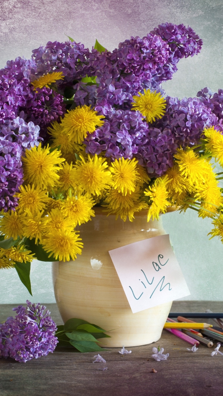 Download mobile wallpaper Lilac, Still Life, Flower, Vase, Dandelion, Photography, Yellow Flower, Purple Flower for free.