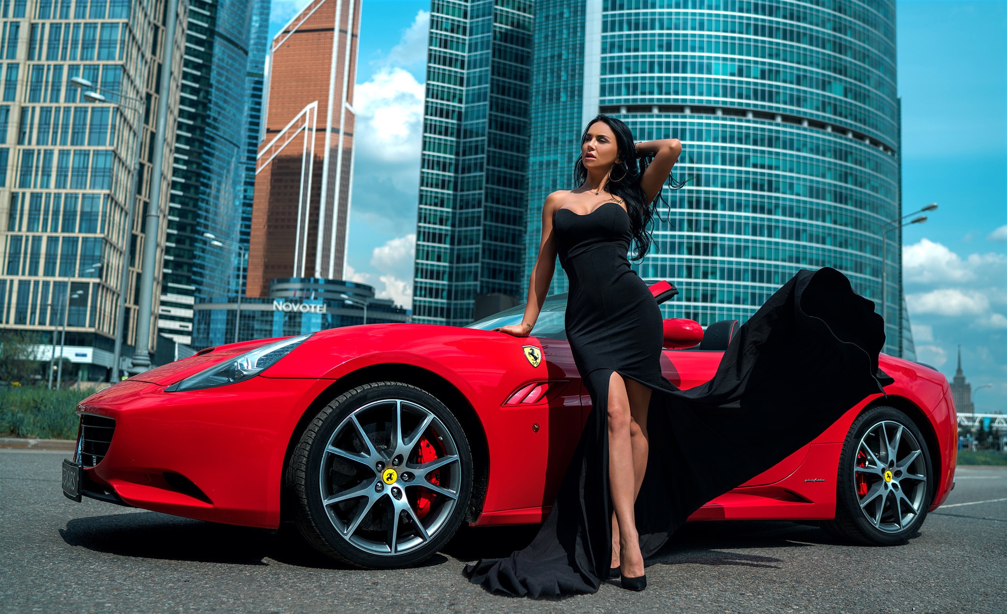 Download mobile wallpaper Ferrari, Car, Model, Women, Black Hair, Black Dress, Girls & Cars for free.