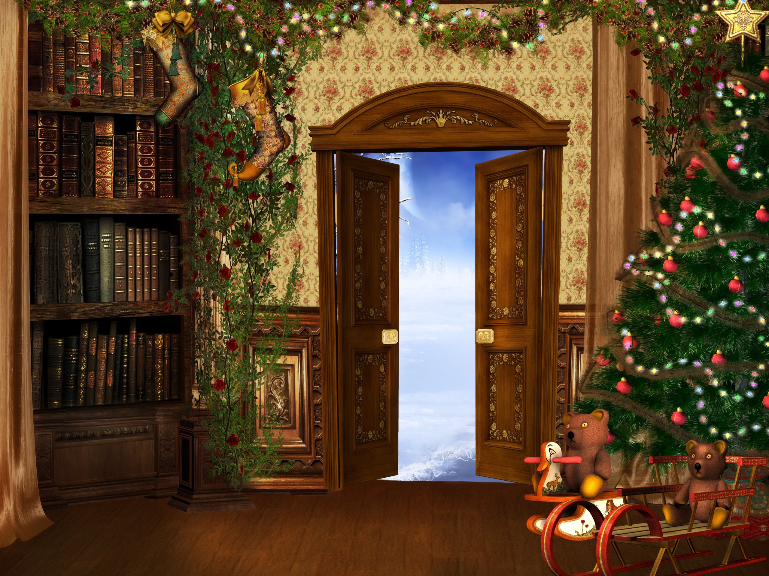 Download mobile wallpaper Fantasy, Light, Tree, Christmas, Holiday, Christmas Tree, Book, Cloud, Door, Sleigh for free.
