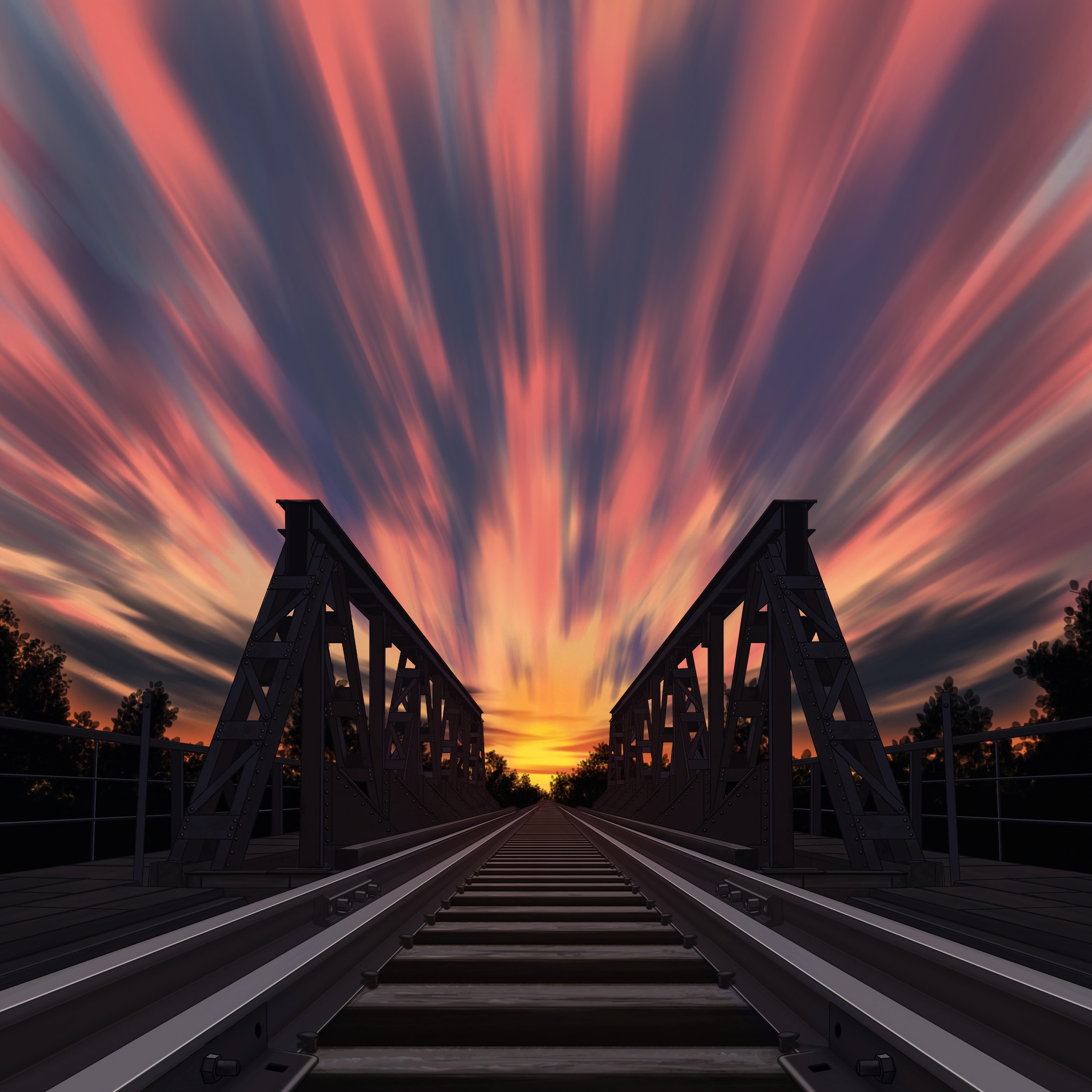Free download wallpaper Bridge, Sunset, Art, Railway, Rails on your PC desktop