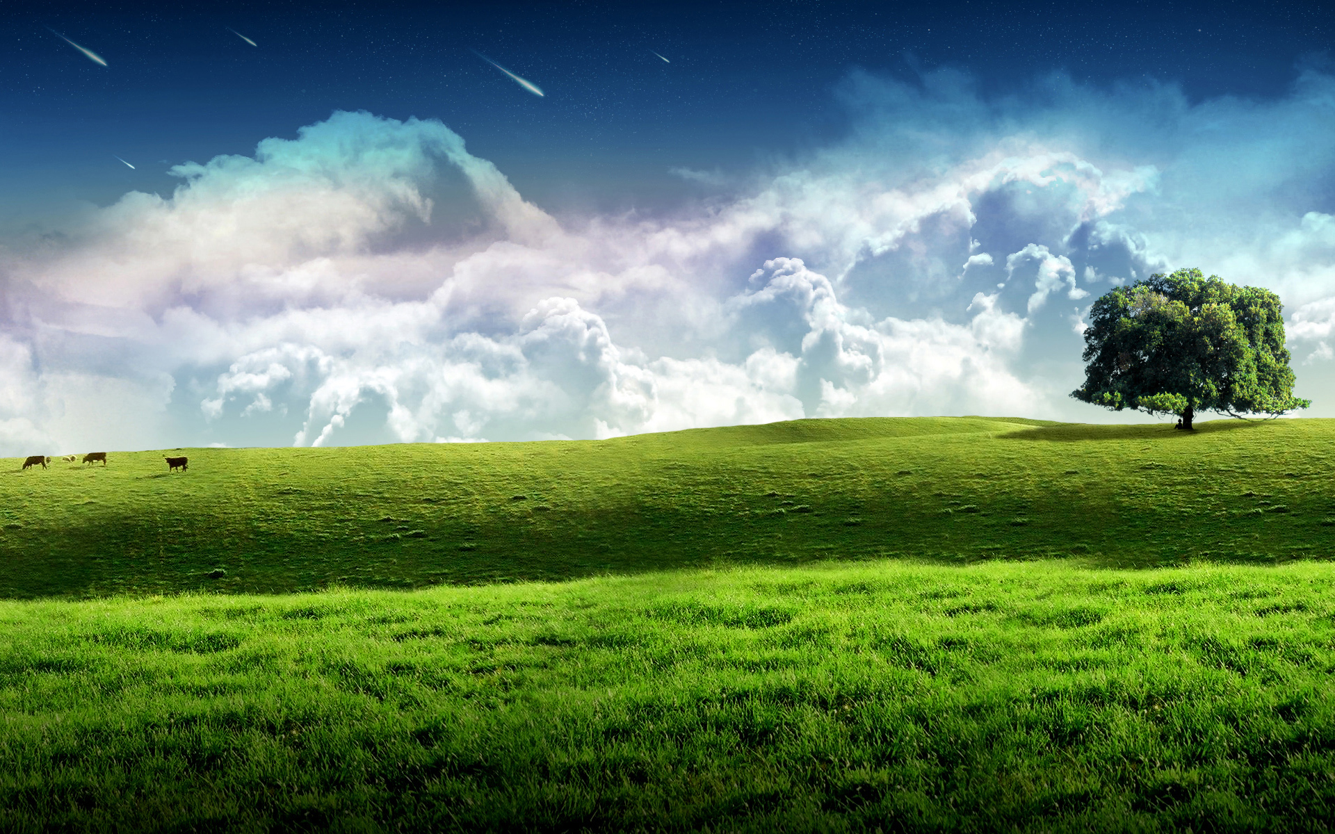 Download mobile wallpaper Landscape, Grass, Tree, Earth, Field, Cloud, A Dreamy World, Lonely Tree for free.