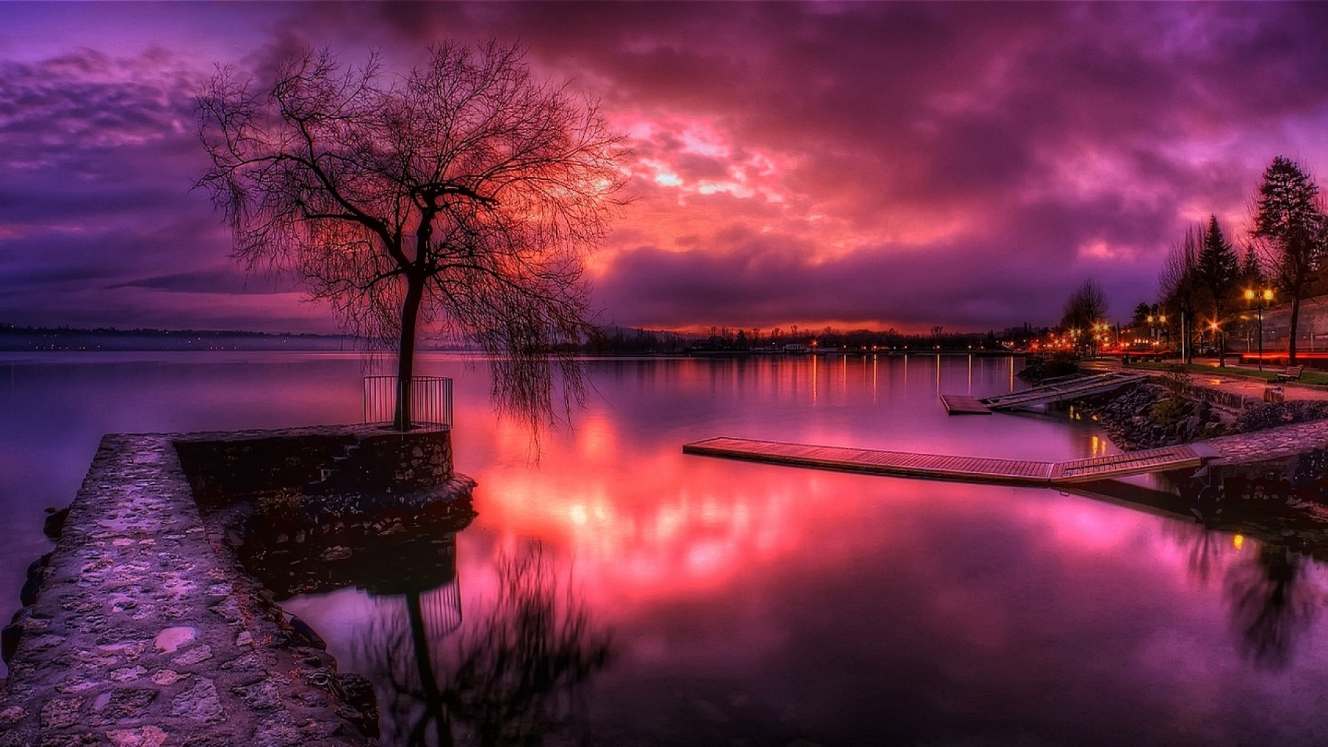 Free download wallpaper Sunset, Lake, Tree, Photography, Town on your PC desktop