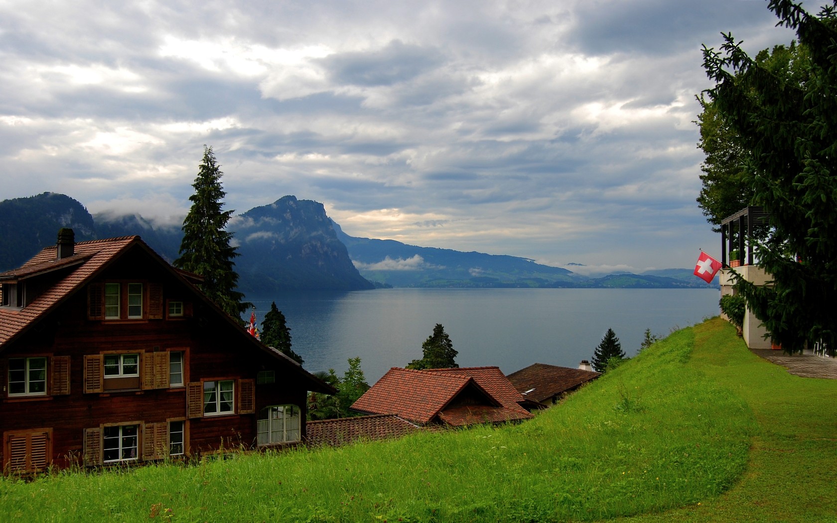 Скачати мобільні шпалери Пейзаж, Озеро, Дерево, Швейцарія, Створено Людиною, Будинок безкоштовно.