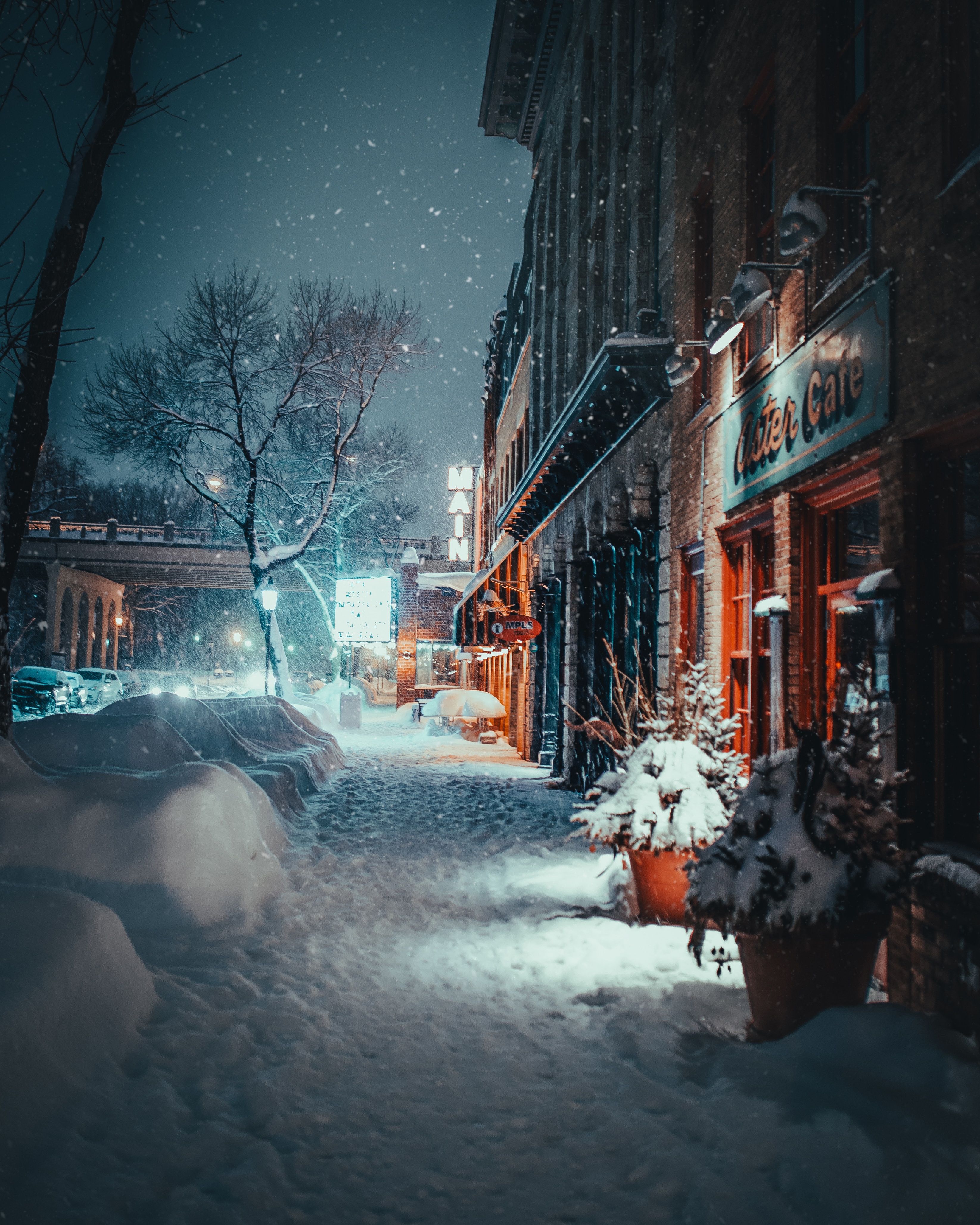 winter, street, snowfall, building, evening, cities, city