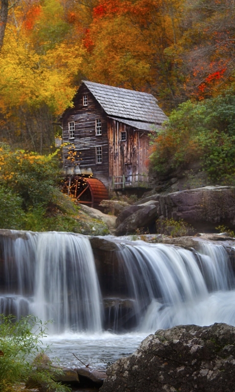 Handy-Wallpaper Herbst, Wasserfall, Wald, Baum, Erde, Menschengemacht, Wassermühle kostenlos herunterladen.