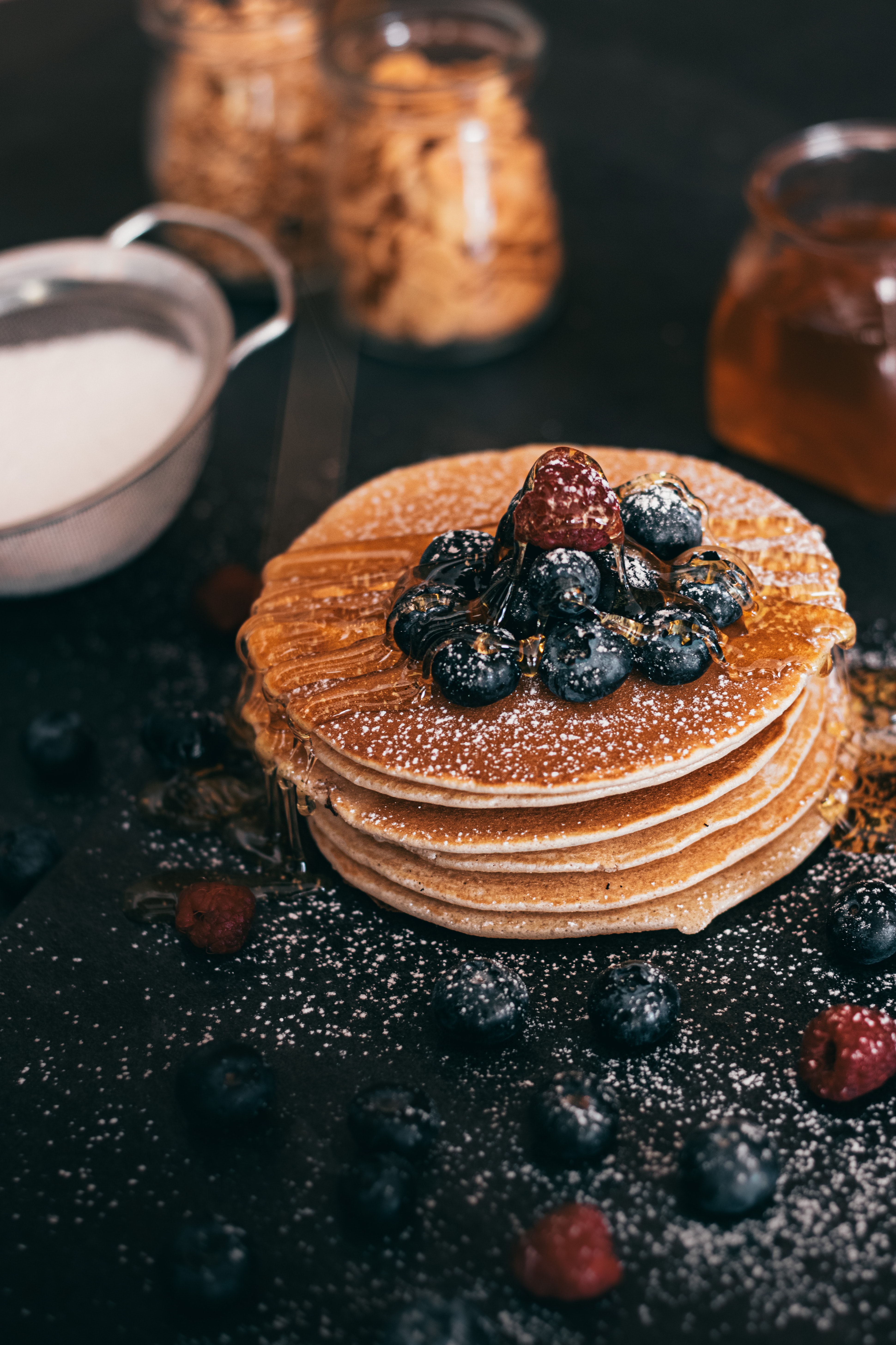 food, berries, pancakes, breakfast, syrup
