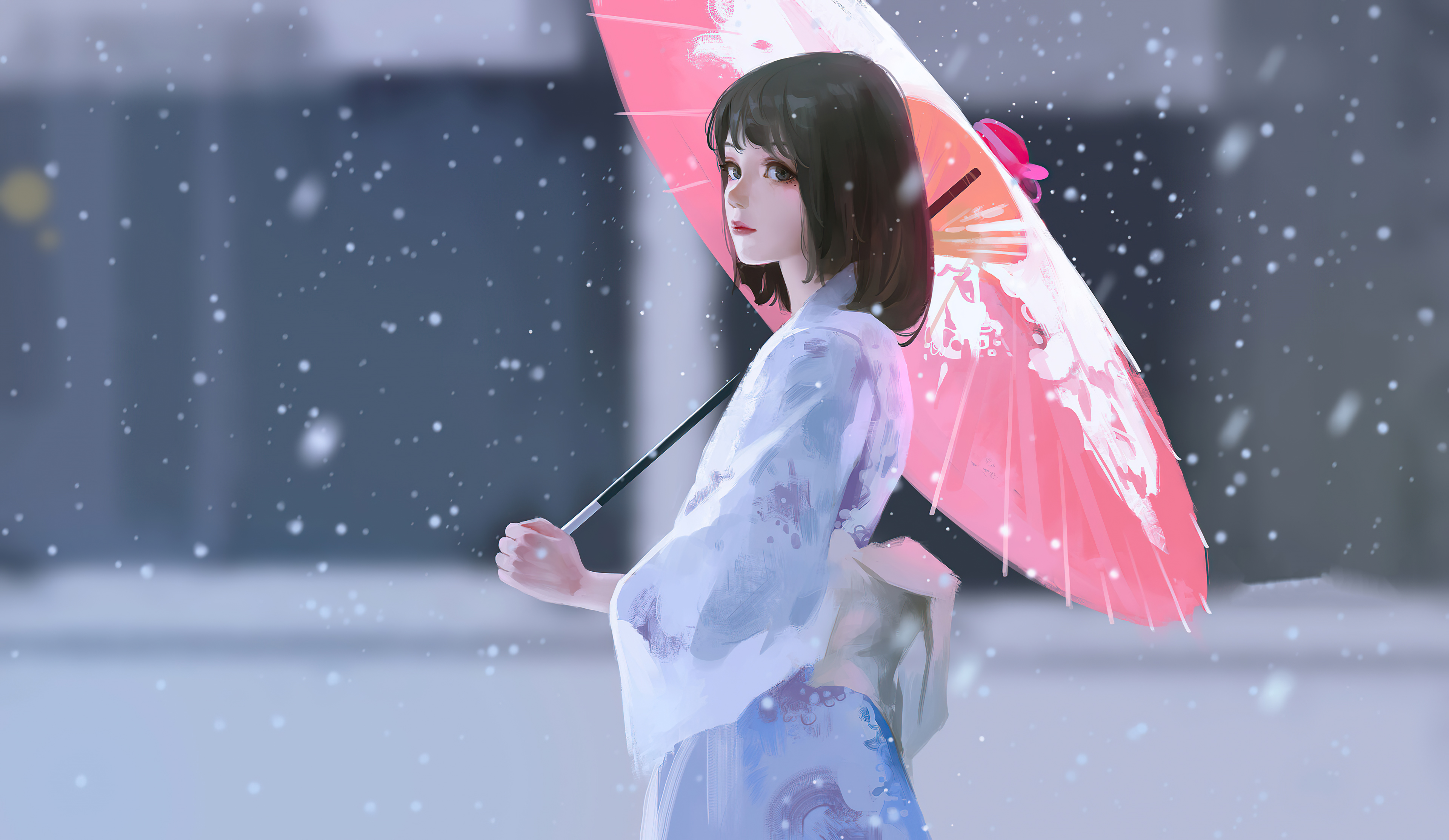 Laden Sie das Winter, Fantasie, Regenschirm, Kimono, Frauen, Schwarzes Haar, Kurzes Haar, Asiatinnen-Bild kostenlos auf Ihren PC-Desktop herunter