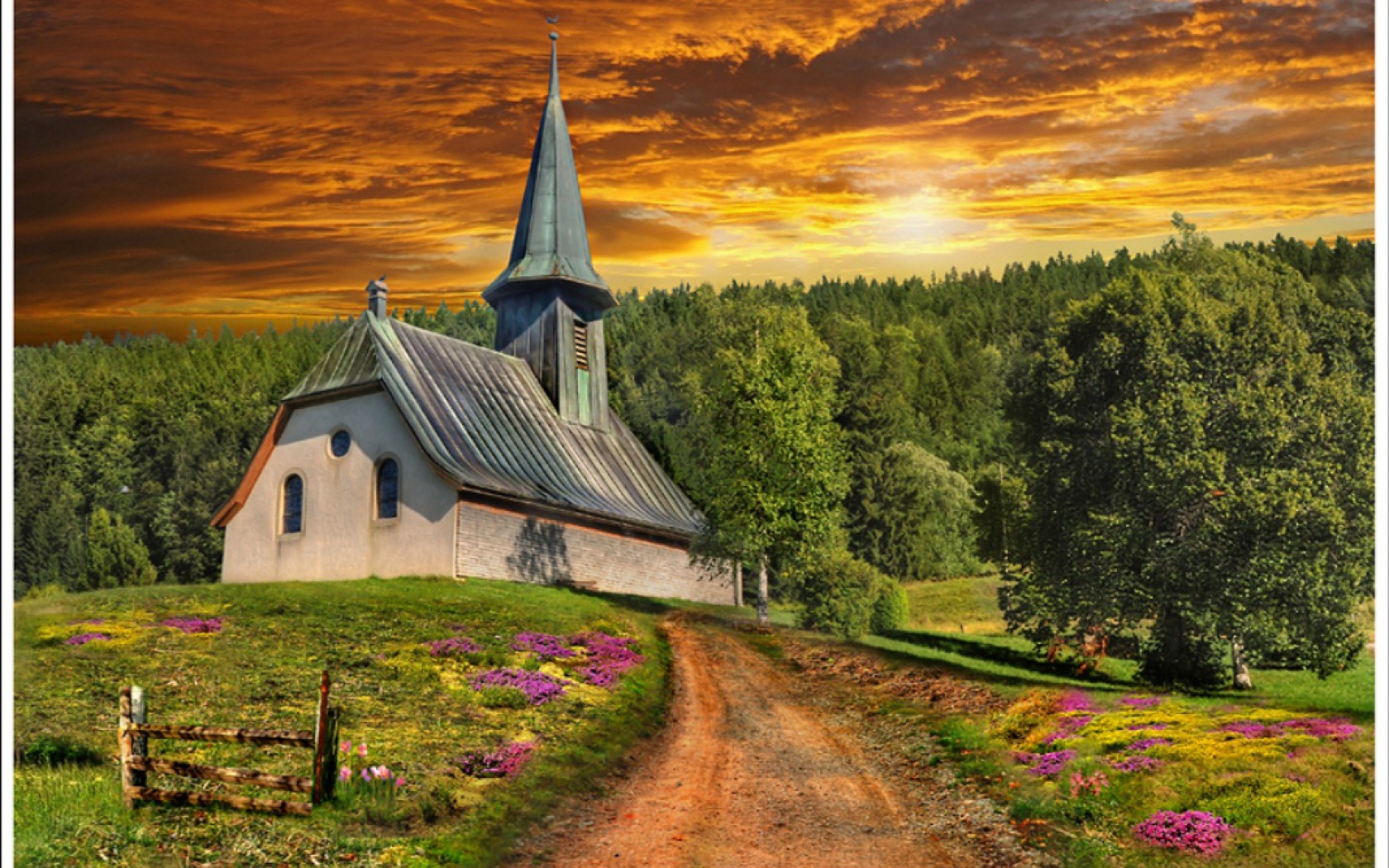 Download mobile wallpaper Sunset, Road, Hill, Church, Country, Religious for free.