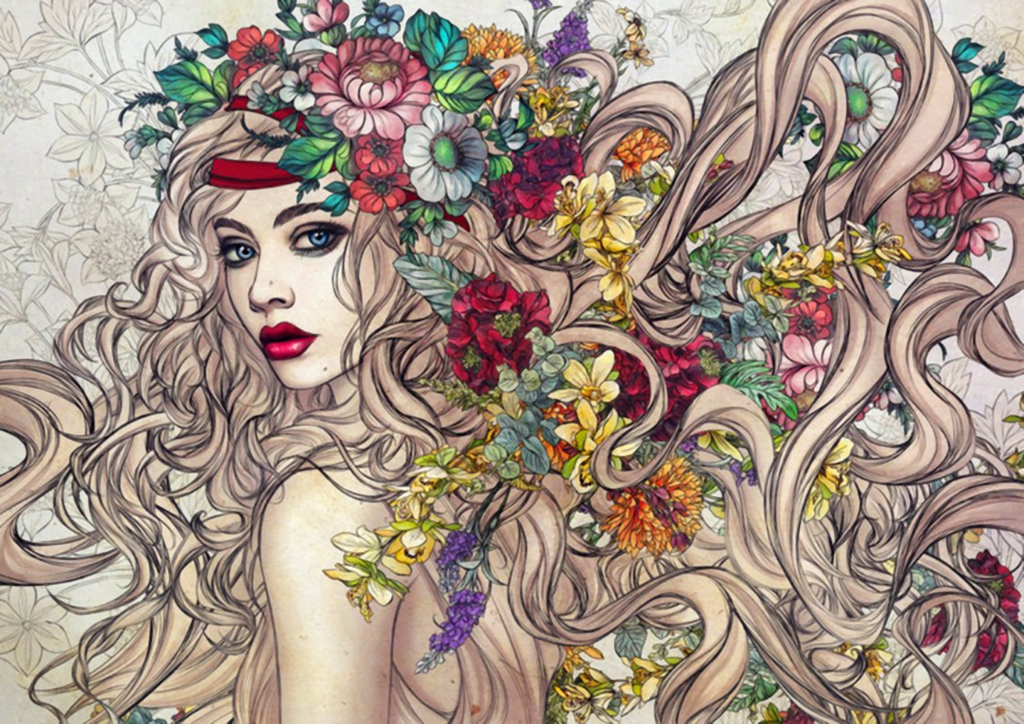 Download mobile wallpaper Flower, Drawing, Hair, Artistic, Women, Blue Eyes, Lipstick for free.