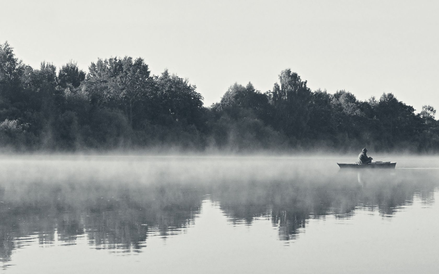 black and white, fisherman, nature, rivers, fog, morning