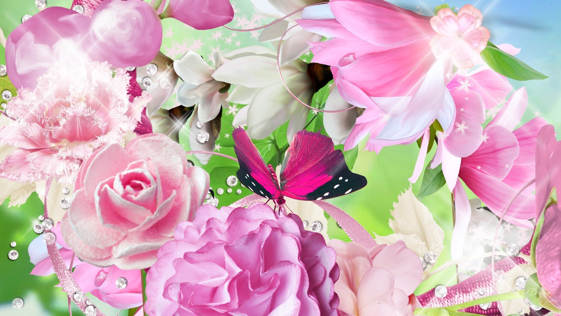 Download mobile wallpaper Flowers, Flower, Rose, Butterfly, Artistic, Peony, Pink Flower for free.